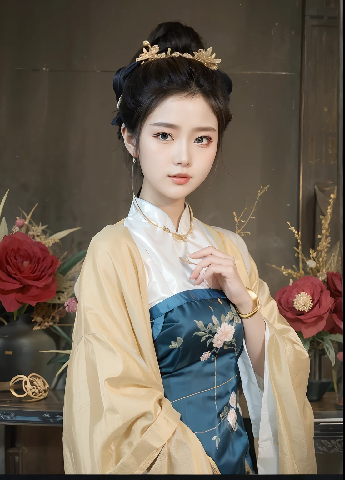 Alafidian woman in blue dress and gold jewelry posing for photo, Hanfu, Palace ， A girl in Hanfu, Wearing ancient Chinese clothes, with acient chinese clothes, White Hanfu, Inspired by Qiu Ying, Inspired by Lan Ying, inspired by Gu An, Traditional beauty, Chinese style, Traditional Chinese clothing, ancient china art style