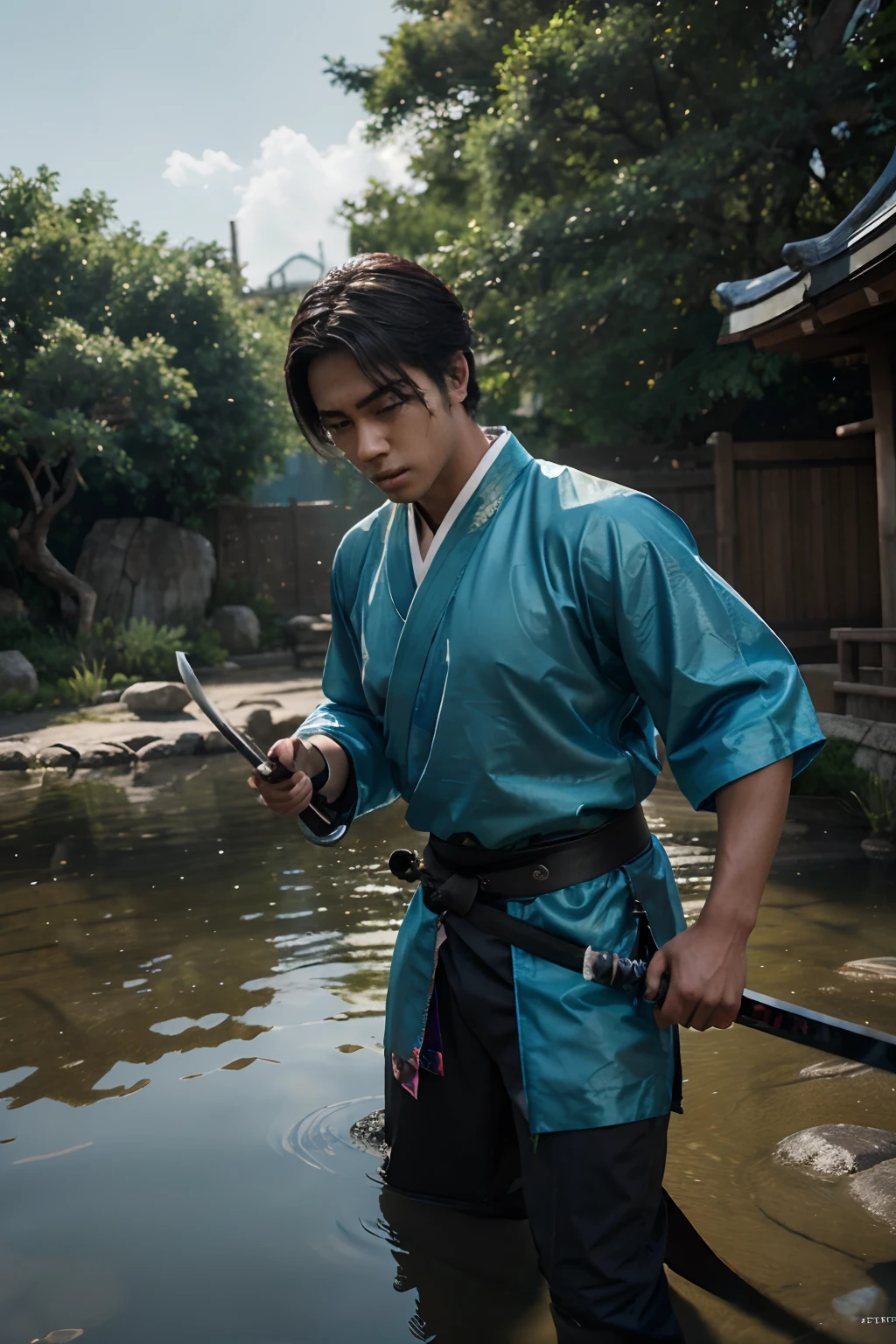 (a teenager male swings a Japanese sword),(handsome male), (hanfu), dark skinned male, dark skin, ink water surrounded,wind surrounded, clear face, clear and bright eyes, high detail, Full Body, cinematic lighting, motion blur, ray tracing, reflection light, (close-up), masterpiece, best quality, high quality, high details, super detail, 1080P, UHD, HD, Character designs, photorealistic, unreal machines, concept art, trending on art station, ((realistic)), looking at the viewer, Fantasy art, amazing gradient color,  incredible detail,absurd, HDR.