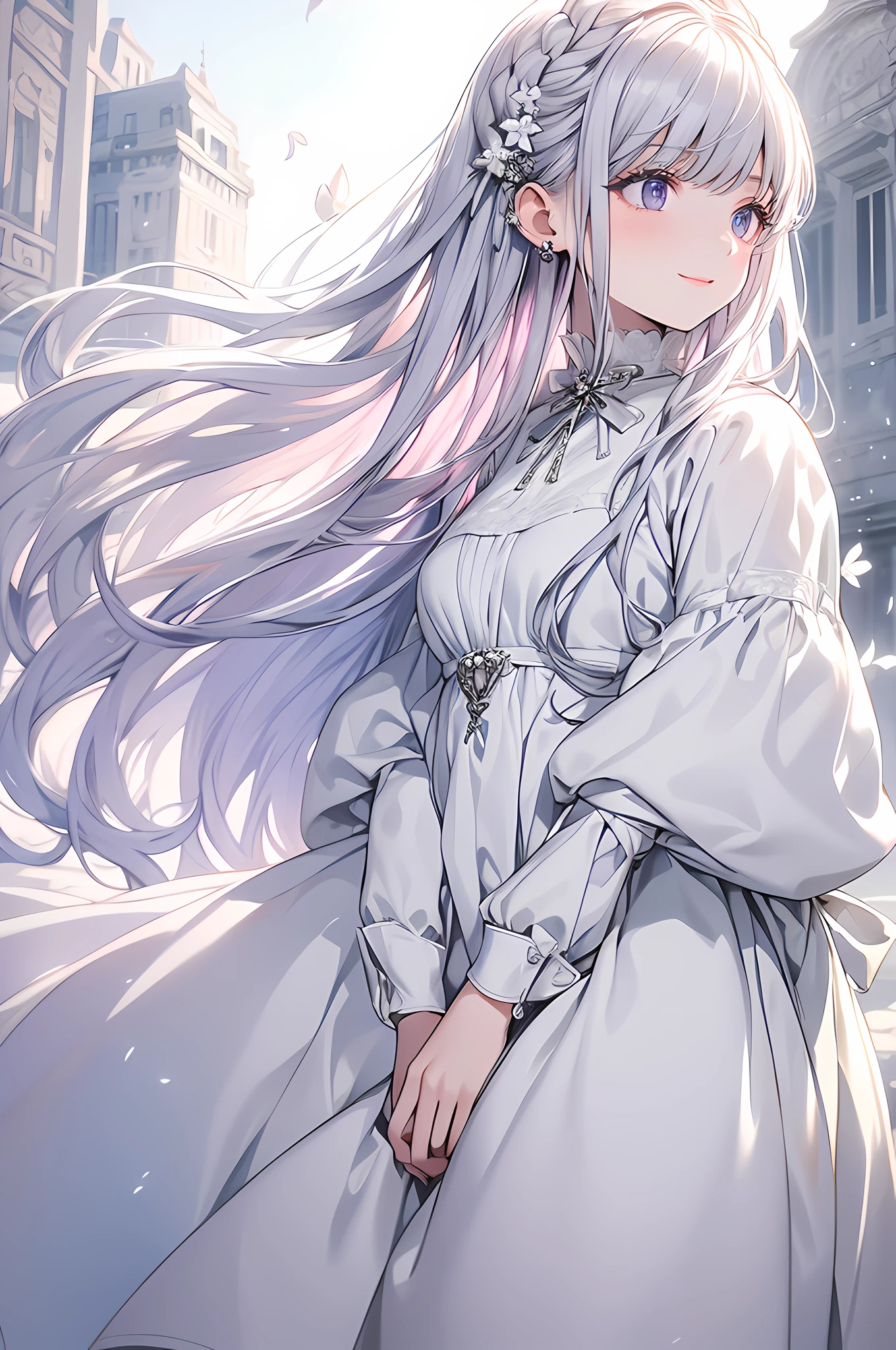 Masterpiece, Superb work, Daytime, En plein air, Falling flowers, White dress, 1 girl, Perfect woman, Silver-white long-haired woman, grey blue eyes, Pale pink lips, Cold, Serious, Bang, Purple eyes, White clothes, Black clothing collection, Delicate face, exquisite face, Standing bow, nipple tassels, Happy knot, Smile