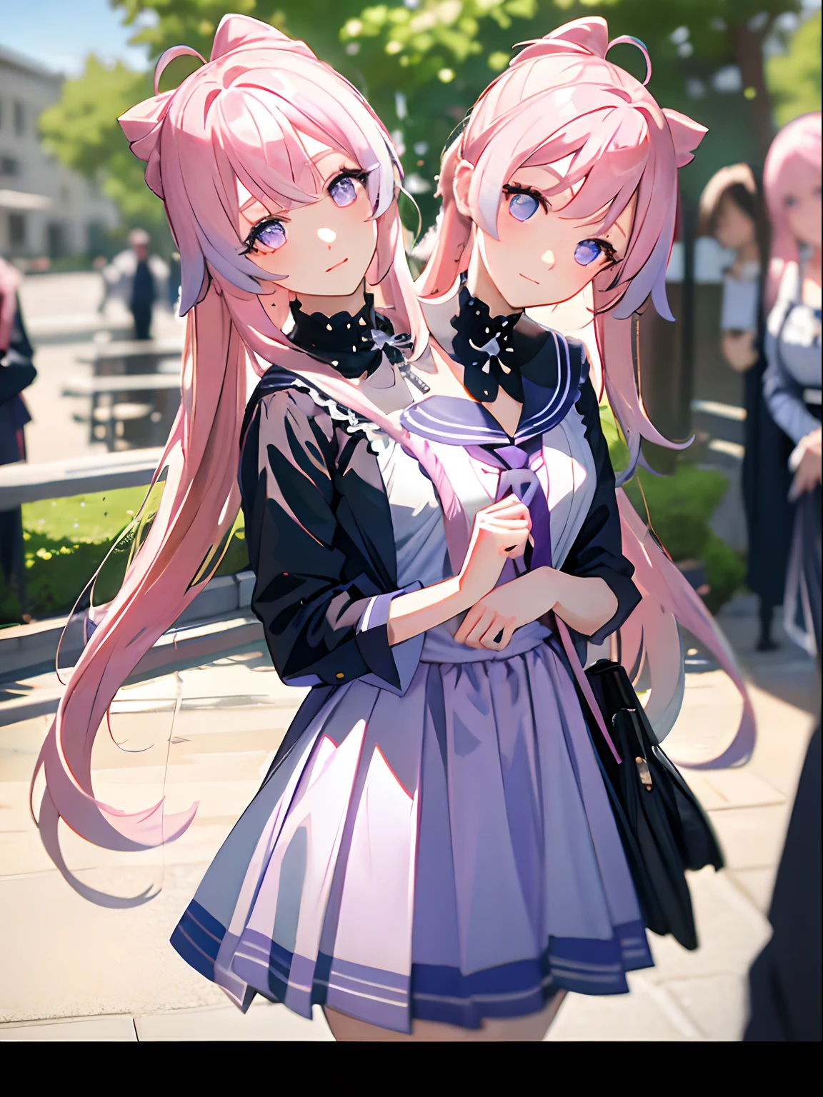 (masterpiece, best quality), best resolution, (2heads:1.5), 1girl, kokomi character, pink hair, purple eyes, different facial expressions, contemplative, trying to decide what to buy, long dress, black plaited skirt, 