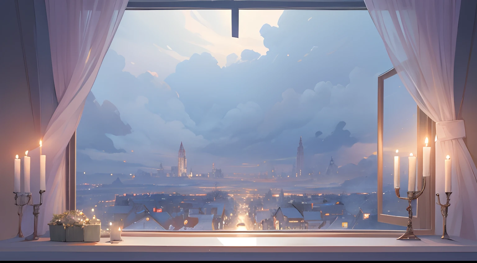 cloudy weather cloudy windowsill illustration winter cloudy landscape landscape with lots of candles in the middle graphic top quality landscape