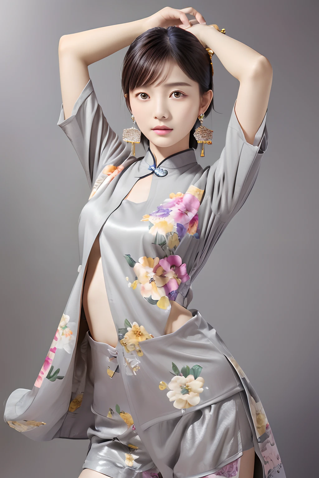 (masterpiece, top quality, best quality, official art, beautiful and aesthetic:1.2), (1girl:1.3), flat chest, extremely detailed,(fractal art:1.1),(colorful:1.1)(flowers:1.3),highest detailed,(dynamic pose), (grey background:1.3), (chinese Traditional cloth:1.2), (shiny skin), (many colors:1.4), ,(earrings:1.1),