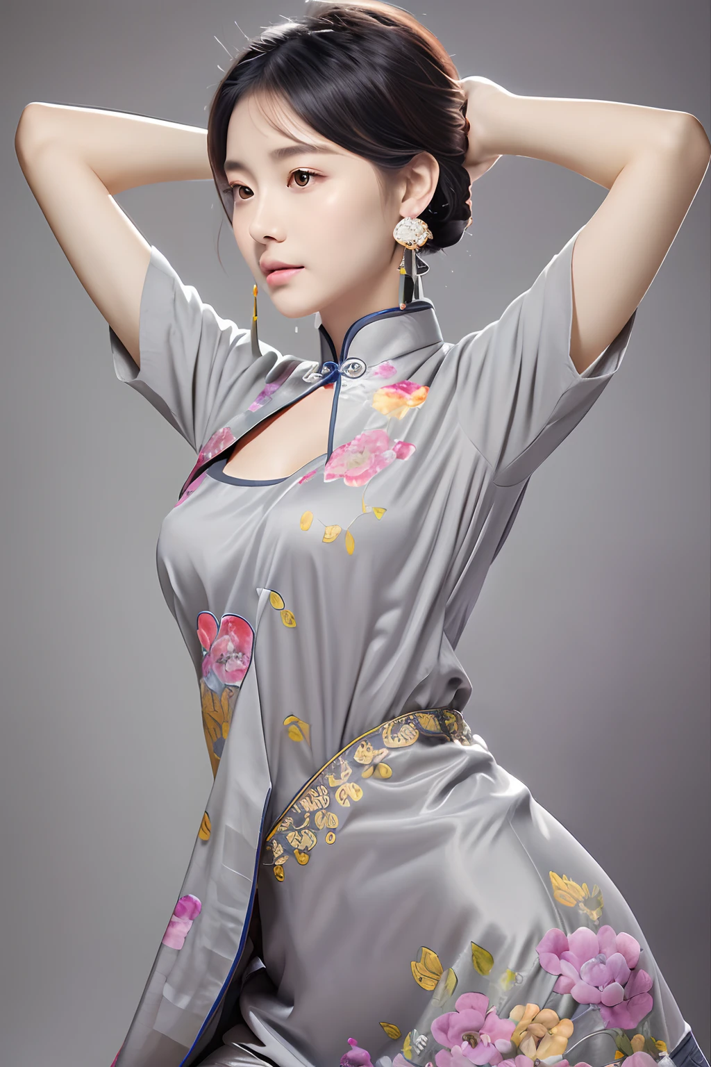 (masterpiece, top quality, best quality, official art, beautiful and aesthetic:1.2), (1girl:1.3), flat chest, extremely detailed,(fractal art:1.1),(colorful:1.1)(flowers:1.3),highest detailed,(dynamic pose), (grey background:1.3), (chinese Traditional cloth:1.2), (shiny skin), (many colors:1.4), ,(earrings:1.1),