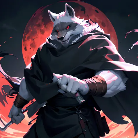 4k Best Quality, extra high resolution,1furry boy， 独奏，詳細な目, voluminous lighting, Amazing, finely detail, , black cloak  , white fur, red eyes, black sclera, bright pupils, vibrant atmosphere, muscular, upper-body, full moon , Red Moon , (Blood Moon), fores...