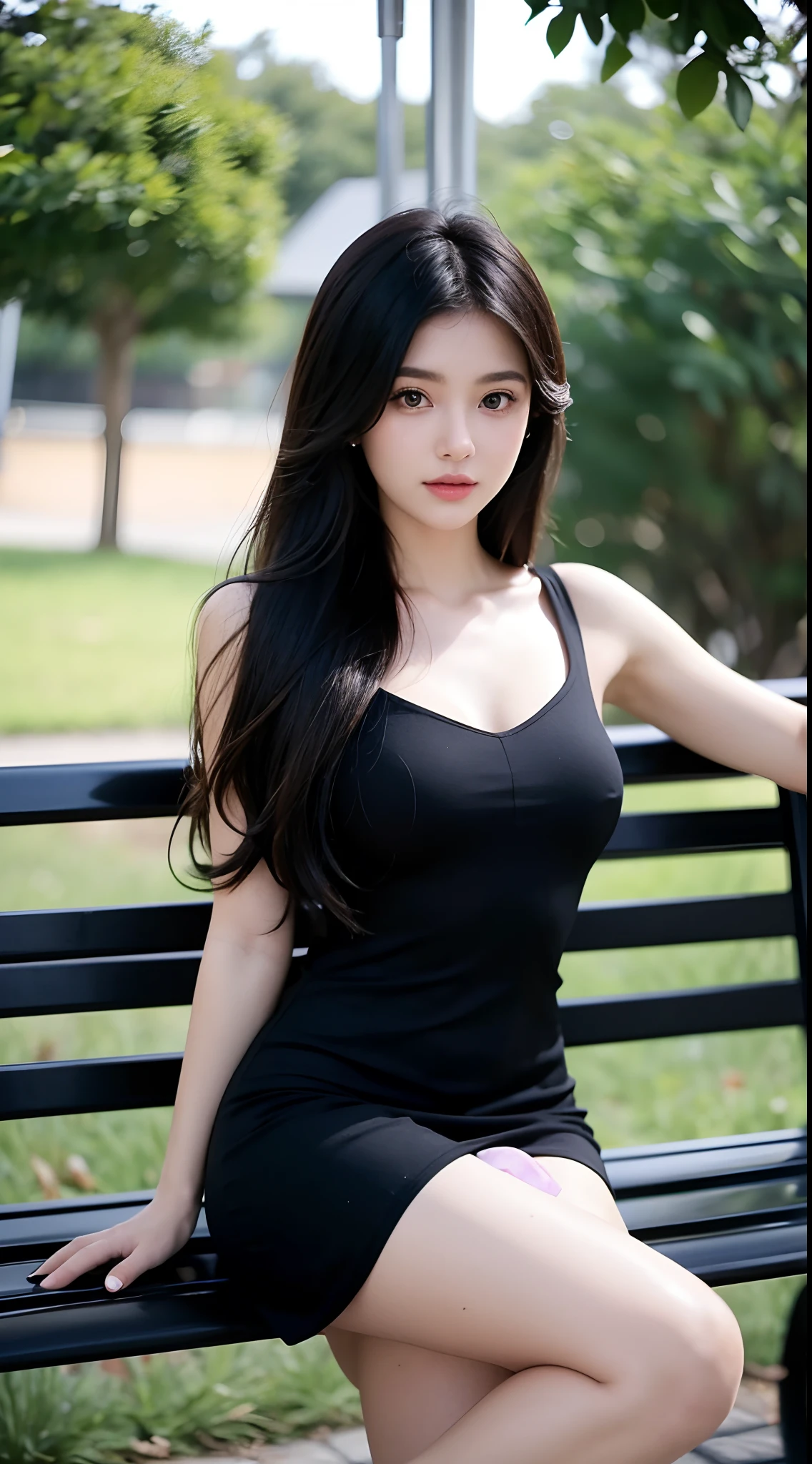 araffe woman sitting on a bench in a black dress, wearing a tight black dress, she is wearing a black dress, wearing black dress, wearing a black dress, she is about 2 5 years old, black dress, lovely woman, 2 4 year old female model, she is about 2 0 years old, she is about 20 years old