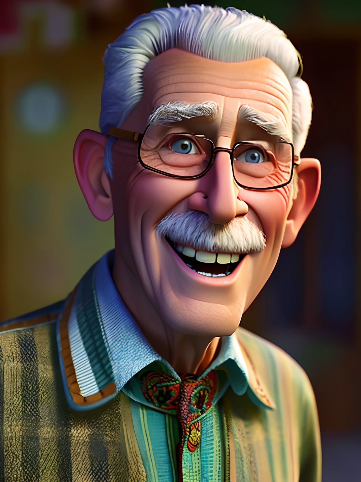 Pixarstyle Um retrato na altura da cintura de um homem idoso com roupas sociais, sorriso, textura natural da pele, Texturas 4k, HDR, Intrincado, Altamente detalhado, foco nitído, aparência cinematográfica, hiper-detalhado