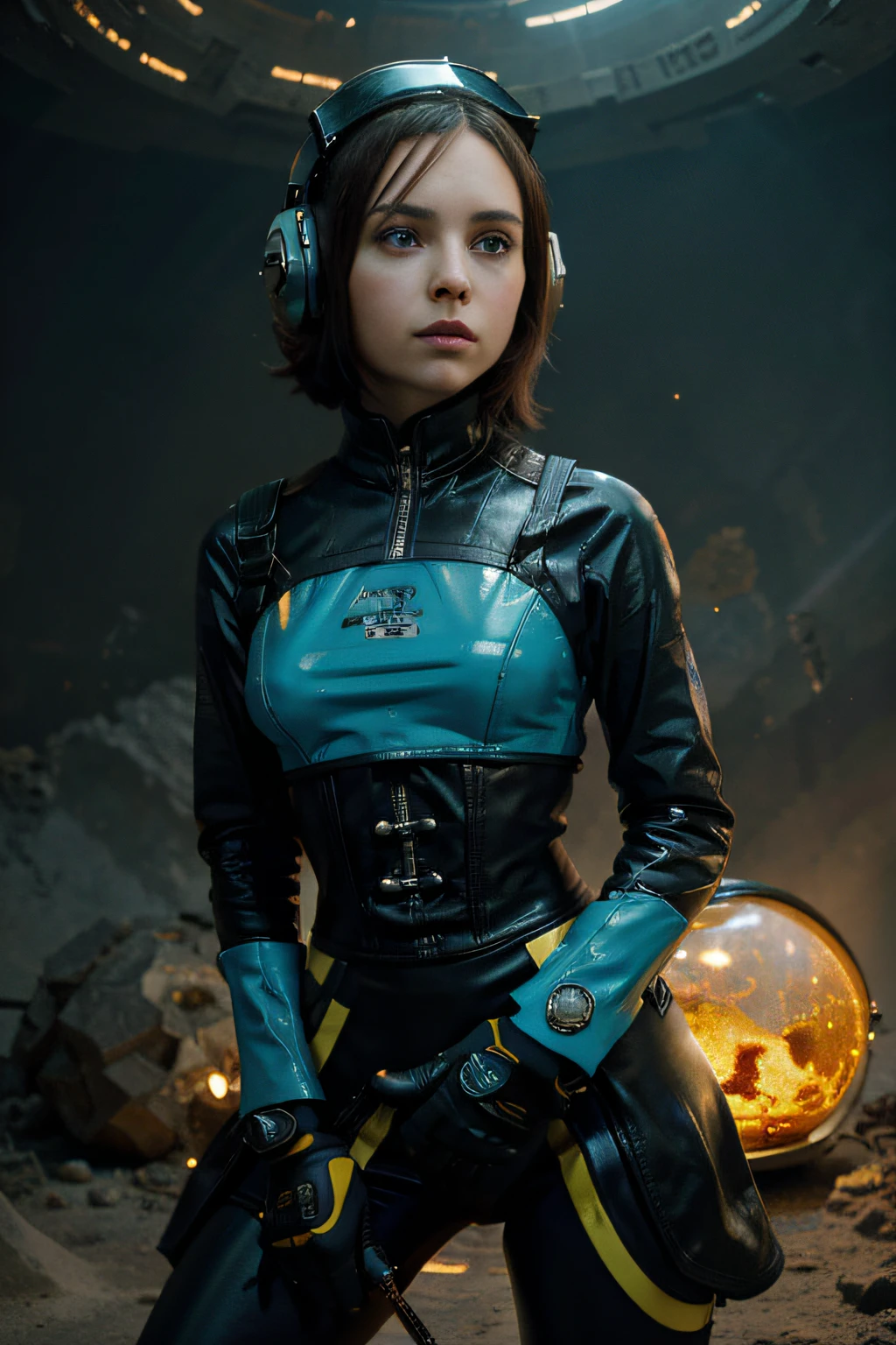 Ein verrücktes Toon-Raketen-Space-Girl wie Christina Ricci mit Helm, Zange in den Händen, Fernsehkopf, Stecknadelkopf, Schwarz und Gelb Rosa Cyan Rost, Umgebung in einem Meteoritenkrater super detailliert, Center, Schön, sanfte Beleuchtung, konzentrierte sich auf den Charakter, 4K-Auflösung, fotorealistisches Rendering,