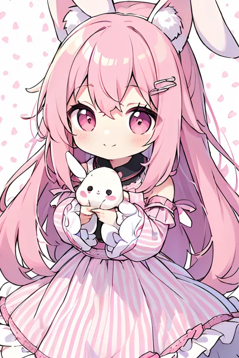 Steppiece, Best Quality, Cute, kawaii, 1girl in, Solo, (Long Hair Pink Long Hair、Pale pink long hair、)((Pink striped dress))Pink striped pattern、Pink eyes、Delicate eyes、Cute eyes、smil、Smile subtly、(8K)((non-sleeve))Rabbit ears、Rabbit tail、((Long、Hair is down、Long))Lack of sleeves、(((tchibi)))