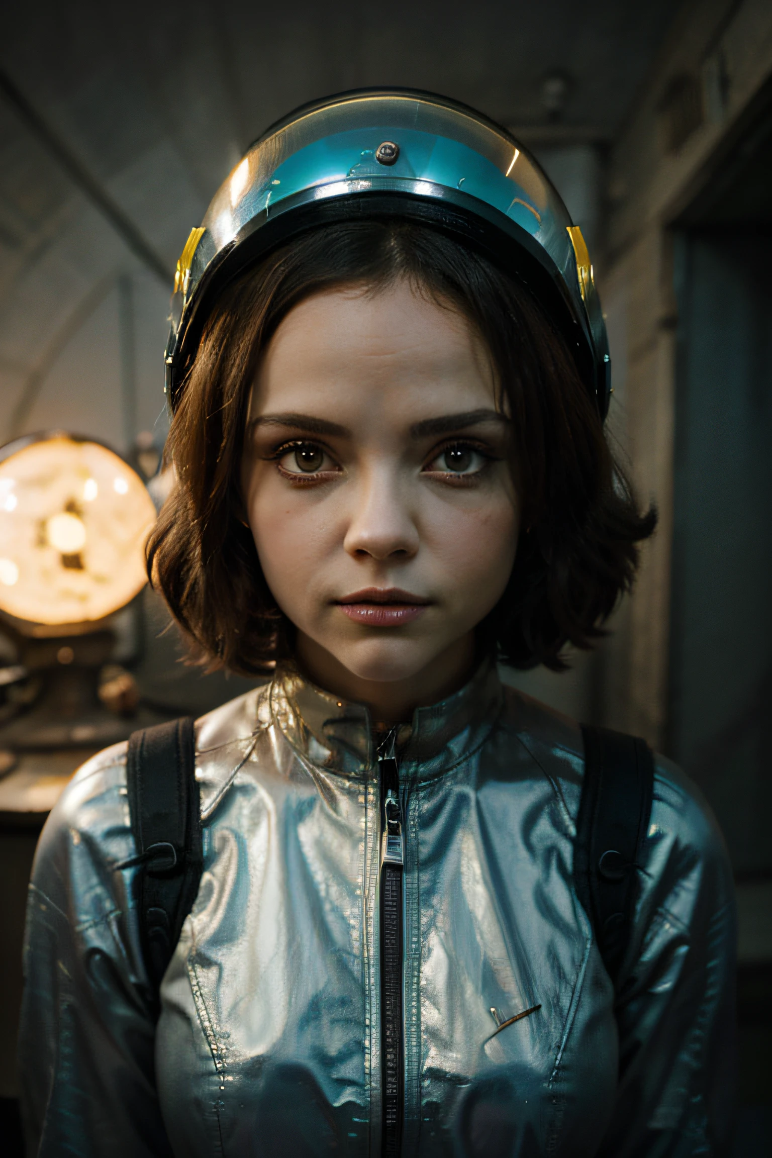 Ein verrücktes Toon-Raketen-Space-Girl wie Christina Ricci mit Helm, Zange in den Händen, Fernsehkopf, Stecknadelkopf, Schwarz und Gelb Rosa Cyan Rost, Umgebung in einem Meteoritenkrater super detailliert, Center, Schön, sanfte Beleuchtung, konzentrierte sich auf den Charakter, 4K-Auflösung, fotorealistisches Rendering,