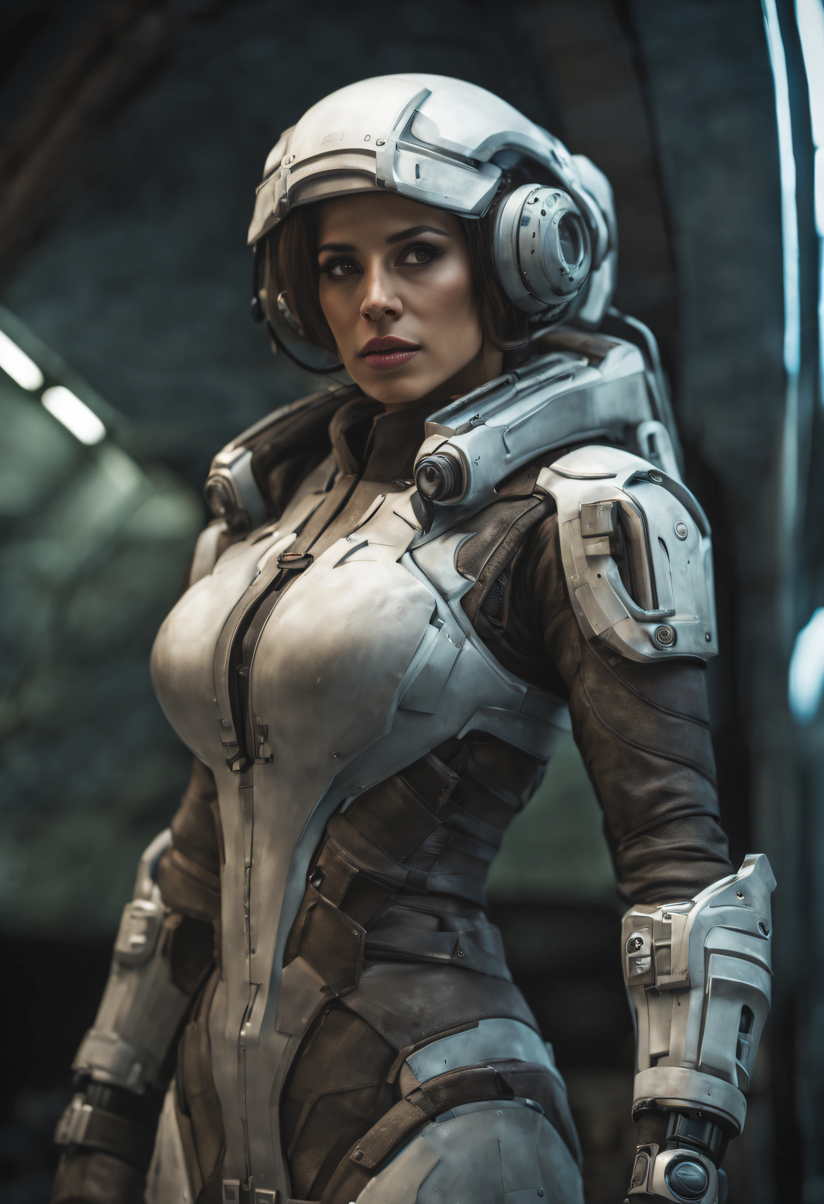 femme extraterrestre, Considérée comme l&#39;une des plus belles courses de la galaxie, avec un visage, yeux et lèvres sensuels, vêtu d&#39;un uniforme sexy Gears of War, ((Il est situé dans le centre de contrôle de la station spatiale)). hyperréaliste, image nette, 8k. image cinématographique. (détails complexes de la machine), (chef-d&#39;œuvre de qualité supérieure).