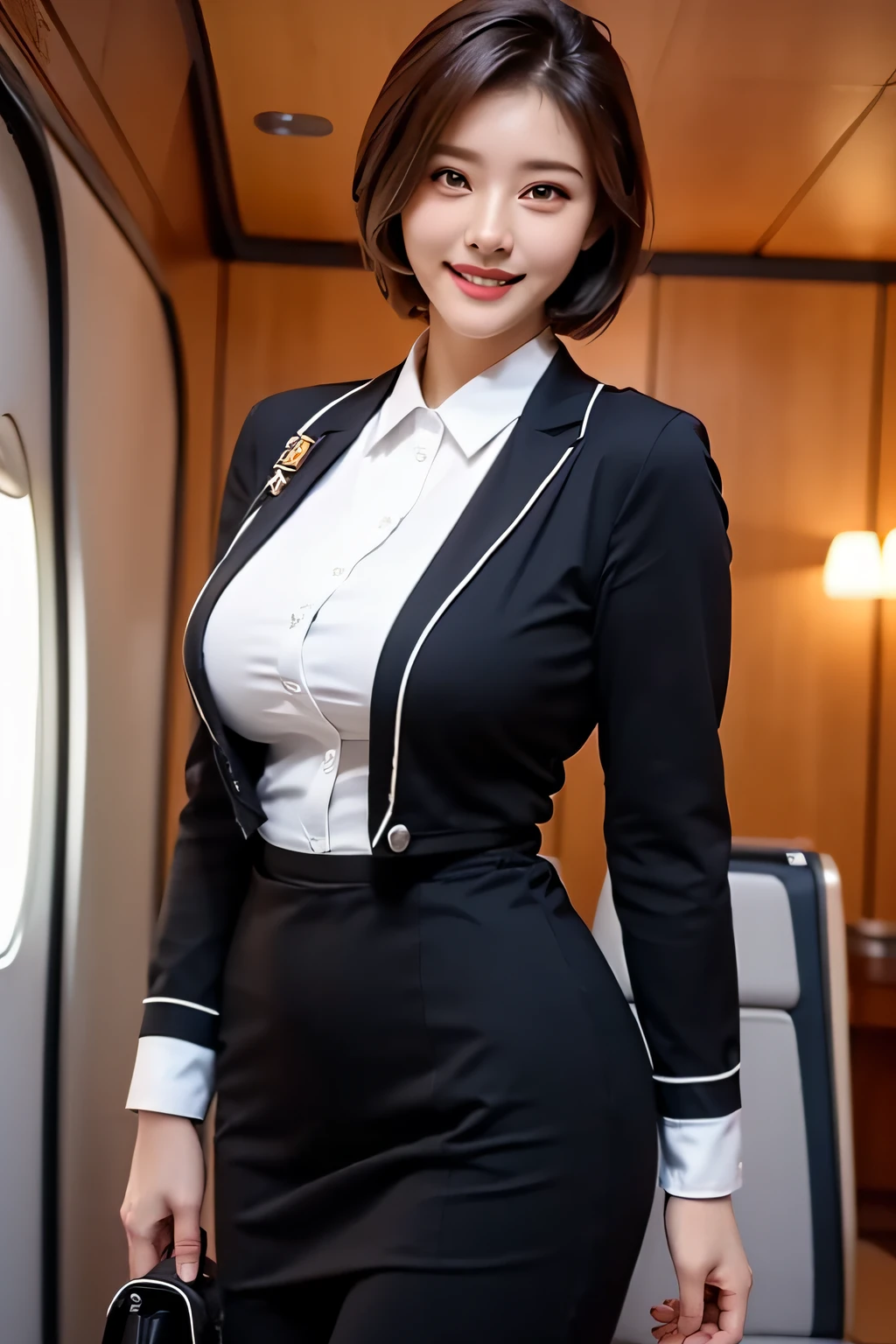 (The Ultimate Beautiful Japan Married Woman), 50s, hyperdetailed face, Detailed lips, (big eye:1.4), Double eyelids, Short brunette hair, (grin)、(White shaping teeth), (cparted lips), ((While wearing cabin-attendant's uniform:1.4))、((large full breasts)), thighs thighs thighs thighs、(Cowboy Shot:1.3), Perfect fit, depth of fields、Perfect image realism, Background with:((On the plane))、Meticulous background with, detailed costume, Perfect litthing、Hyper-Realism、Photorealsitic、8K maximum resolution, (​masterpiece), ighly detailed, Professional