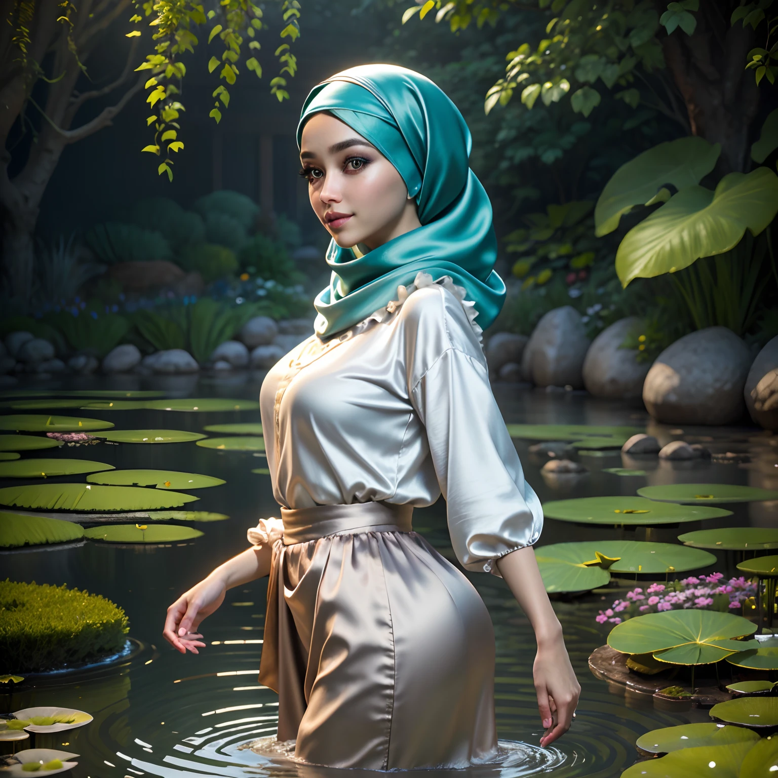 Masterpiece, realistic, best quality, best lighting, 1 girl photo solo, beautifully makeup, eyeshadow, Parted Lips, Detailed Eyes, beautiful big eyes, long eye lashes, smile, wearing ((Aqua satin headscarf)), loosely tide hijab style, ((Taupe satin shirt)), satin long skirt, walking in the water garden, side view