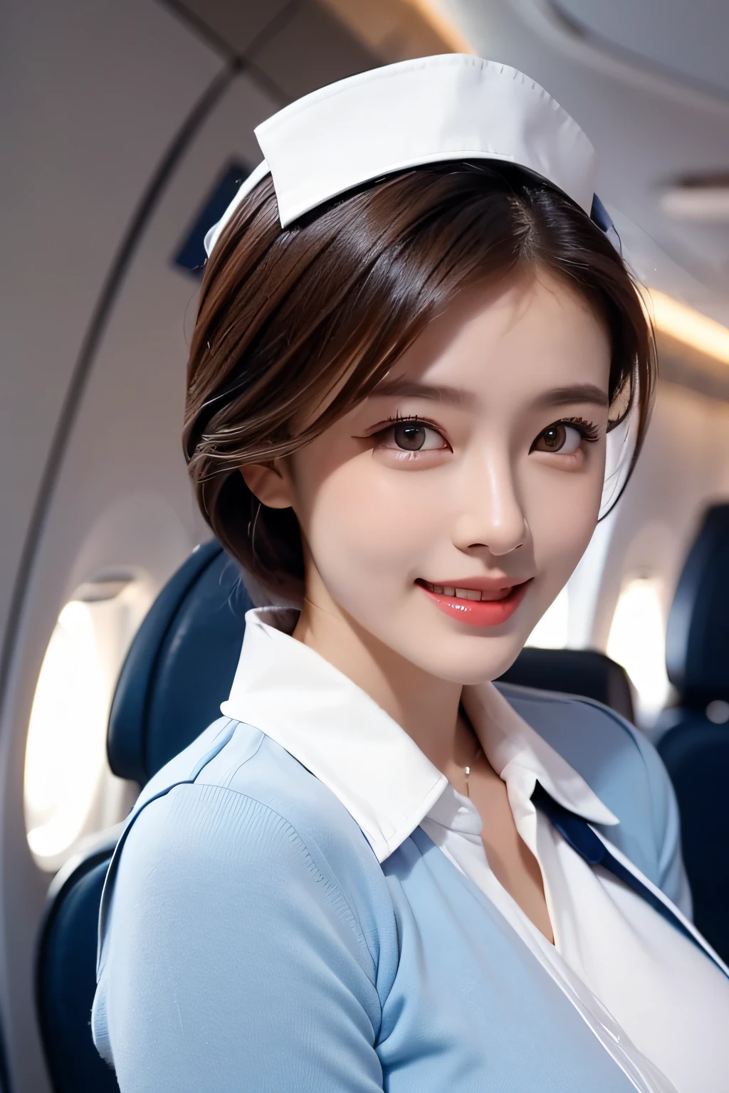 (The Ultimate Beautiful Japan Married Woman), 50s, hyperdetailed face, Detailed lips, (big eye:1.4), Double eyelids, Short brunette hair, (grin)、(White Molded Teeth), (cparted lips), ((Wearing the blue uniform of a flight attendant:1.4))、((large full breasts)), thighs thighs thighs thighs、(Cowboy Shot:1.3), Perfect fit, depth of fields、Perfect image realism, Background with:((On the plane))、In-depth background, detailed costume, Perfect litthing、Hyper-Realism、Photorealsitic、8K maximum resolution, (​masterpiece), ighly detailed, Professional