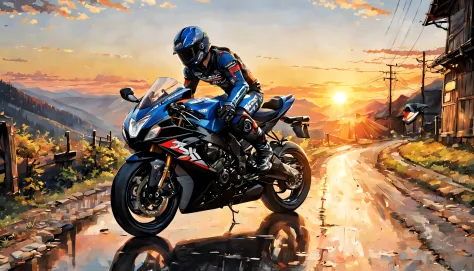 suzuki gsxr, en montagne, sunset, style manga