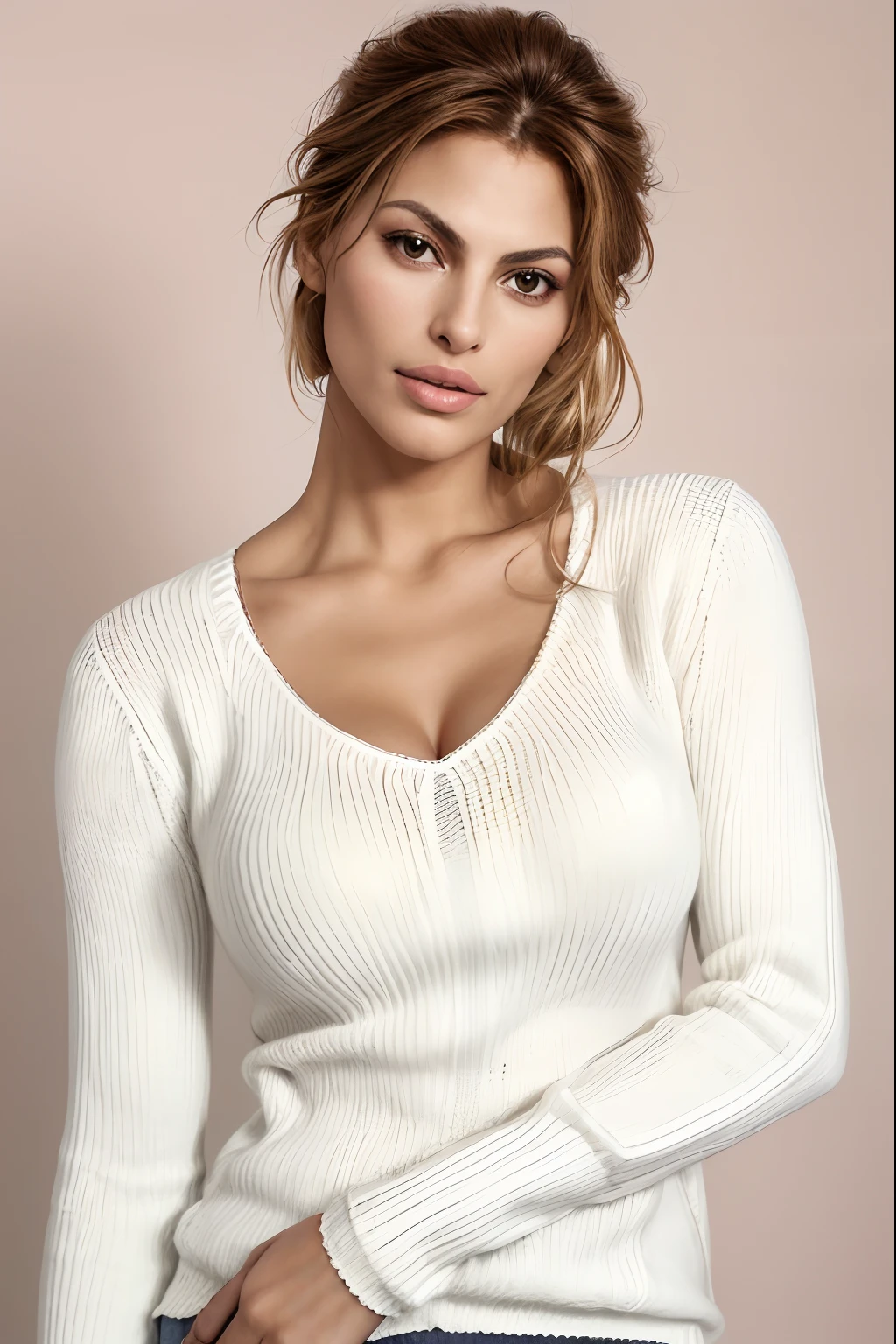 A woman in a white sweater and jeans posing for a picture - SeaArt AI