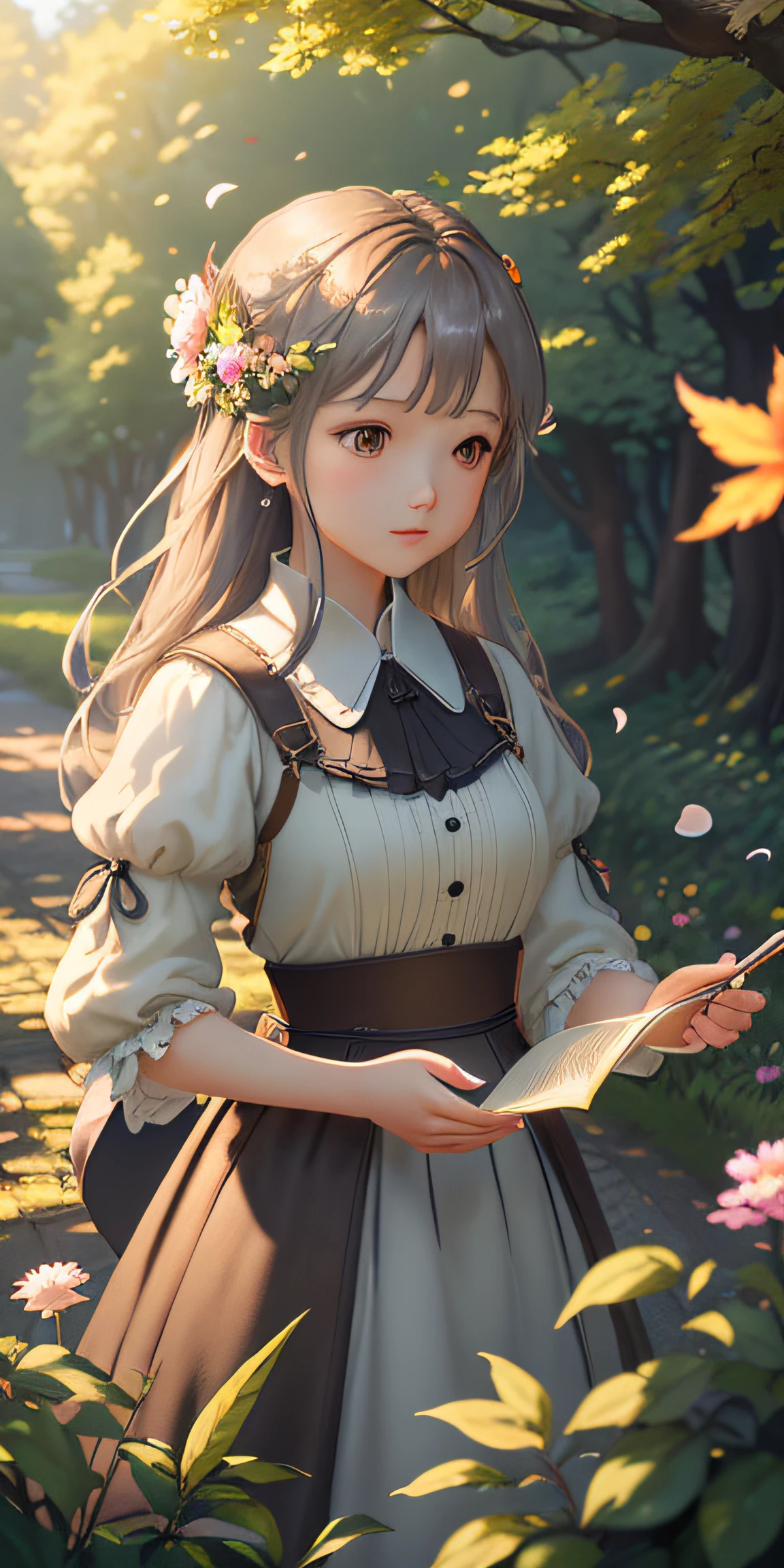 ​masterpiece、top-quality、(the Extremely Detailed CG Unity 8K Wallpapers)(top-quality)、(The best illustrations)、(Best Shadows) Nature'、Colored leaves、Delicate petals fall into the light of the air Tracking、ultra-detailliert --v6