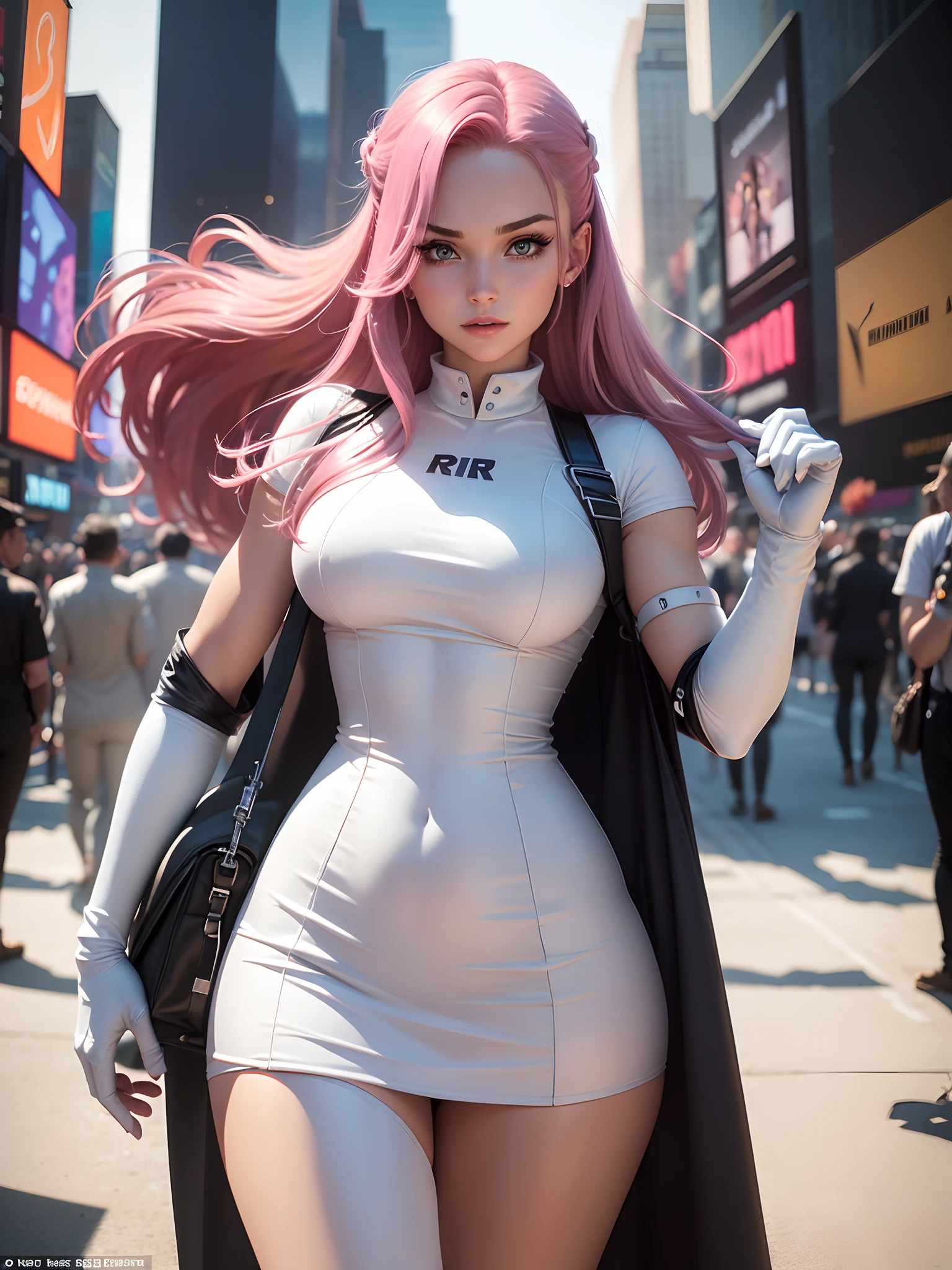 In New York, Time Square, a beautiful woman, 25 years old, style, Jessie is a member of Team Rocket, more specifically part of the Pokémon anime, usually trying to steal Ash's Pikachu. She is typically portrayed as feminine, with large blue eyes, long dark pink hair, a Team Rocket uniform consisting of a short white dress with a large R symbol on the chest, and tall white boots. She also wears white gloves and a red band on her left arm. In New York, (Just a girl: 1.4), (athletic body: 1.4), (hanging breasts: 1.3), (full breasts: 1.10), (realism: 1.5), (Realisitc: 1.4), (Absurdity: 1.4) , 8k, ultra-detailed, Detailed beautiful woman, a young girl, (Viewer facing: 1.2),