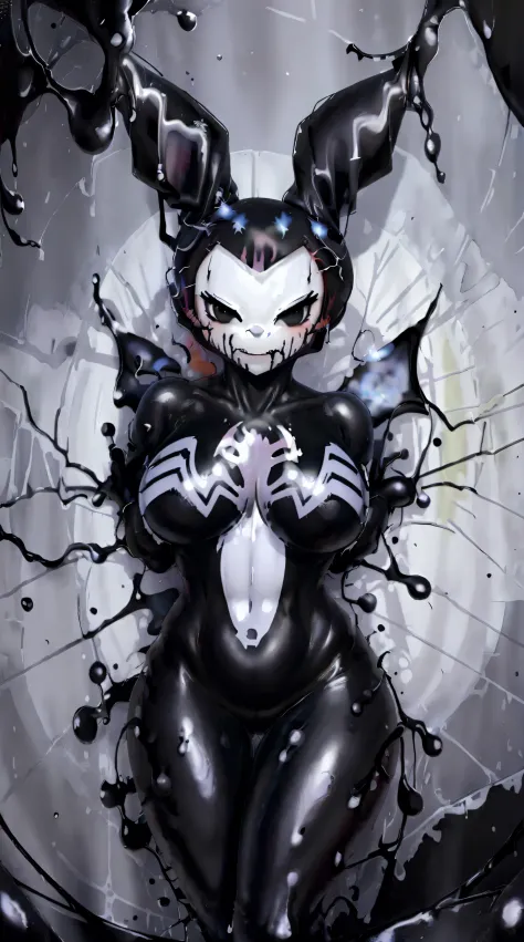 ((kuromi)), (solo), (black suit), (symbiote), (bunny body), (white venom symbol on her chest), (black goo all over her body), (black slime), sunset, post-apocalyptic, masterpiece, 8k HD high definition , detailed, hyper detailed, armature, best quality, ul...