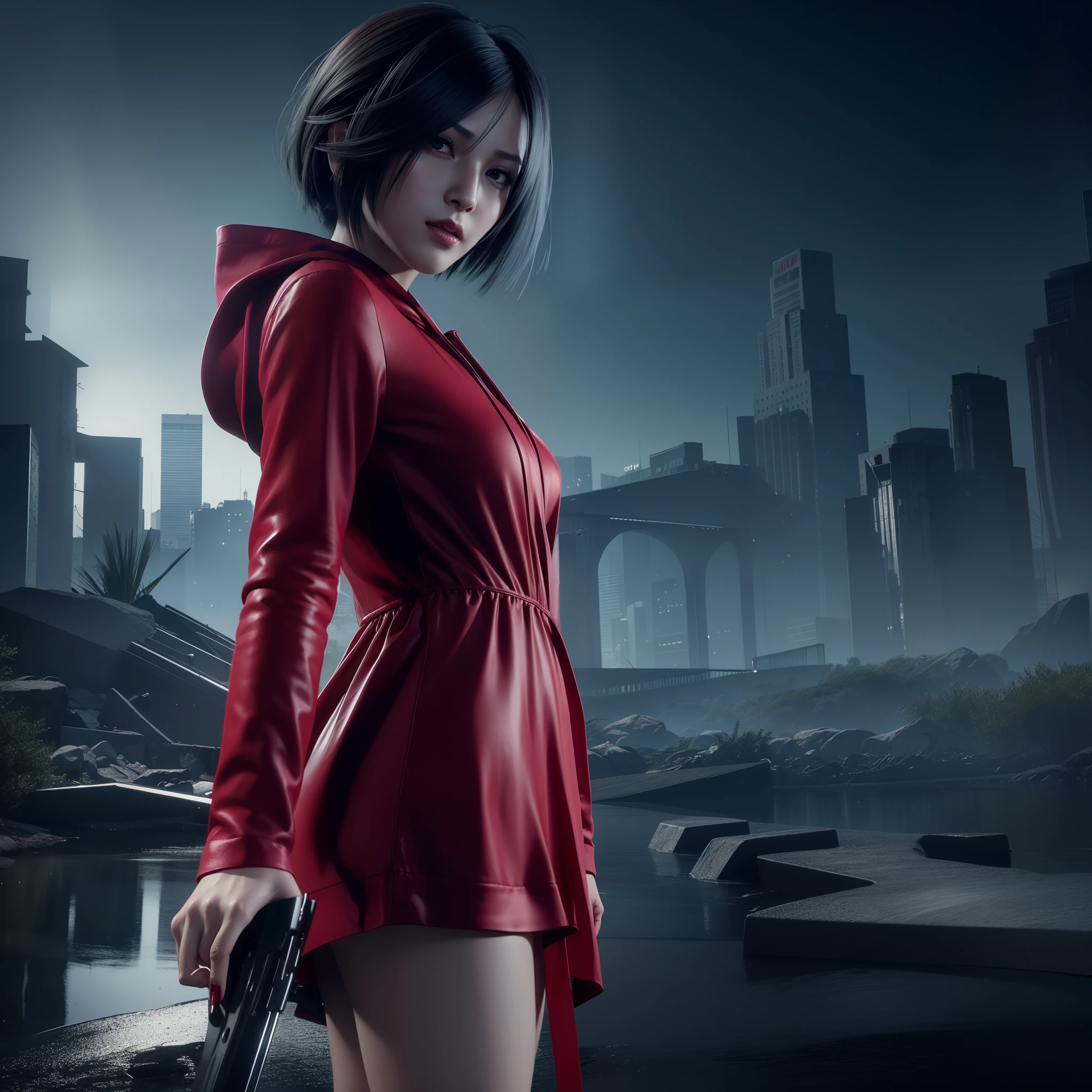 ada wong 40 anos, rosto bonito, tímido, Olhando para o visualizador, cabelo bob, Rosto Perfeito, usando mini vestido rosa vermelho hoody, esmalte preto, Rosto Amigável, Brilho, saltos vermelhos