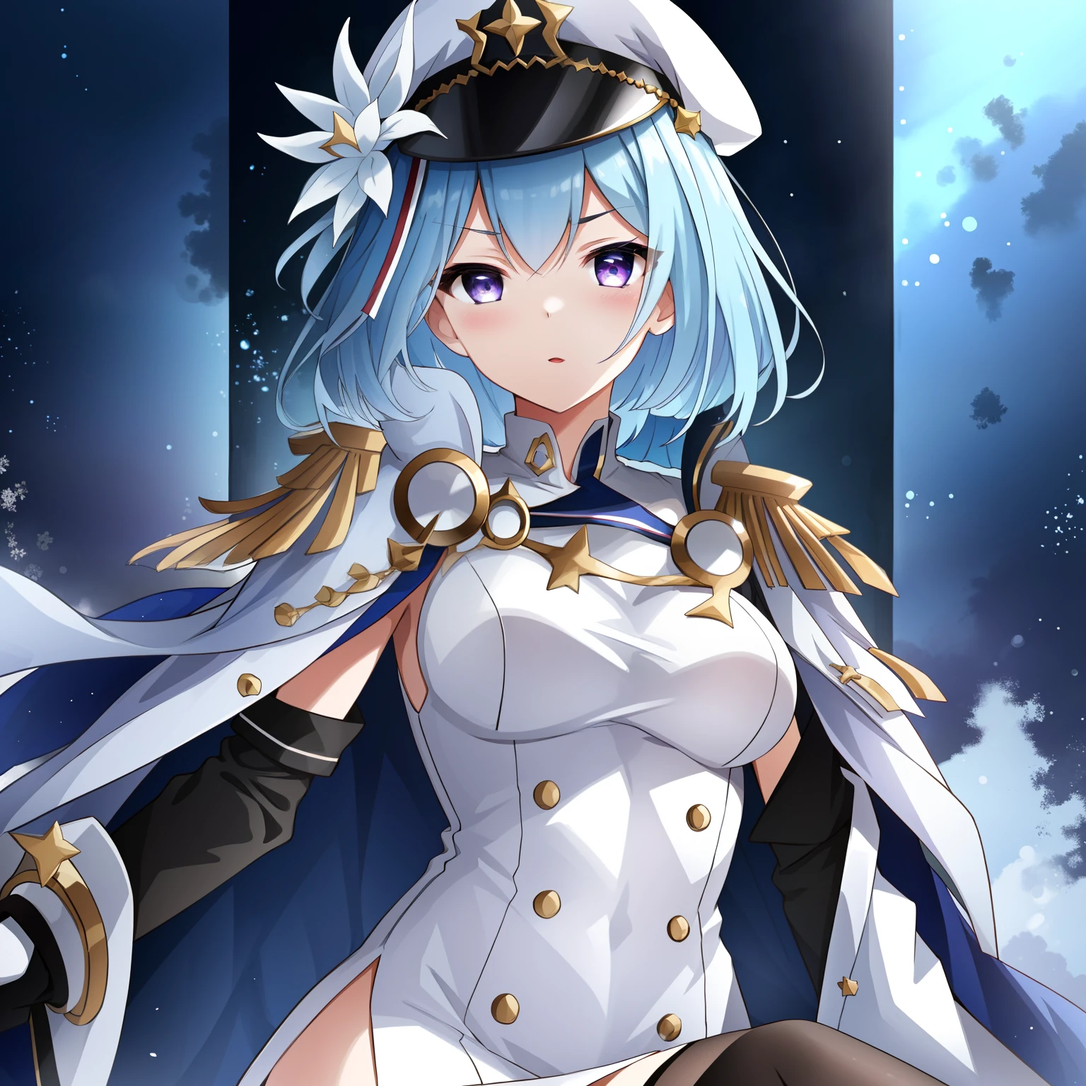 Black stockings,Perfect Lighting, extremely details CG, (Perfect hands, Perfect Anatomy),​masterpiece、 1girl in, Solo, Blue hair, Short hair, white cape, Black pantyhose, White military uniform, Purple eyes, White peated cap, White Gloves, epaulets, Black heels, sit a chair,Upper body concentration, ((masutepiece)), (detailed illustration), Gray stockings、film like、light and shadows、kawaii、Detailed eyes、Beautiful eyes、Inside the Ship、Puffy face、Beautie