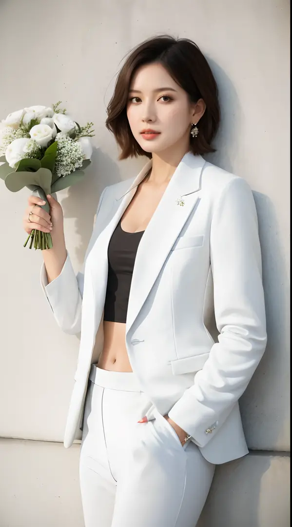 1girll，(solo person:1.4),(White business suit:1.4)，White bouquet，No shirt