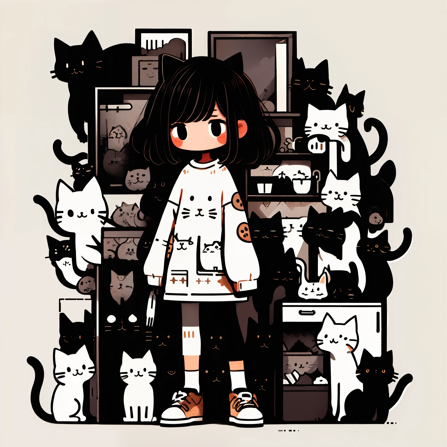 Obra de arte,melhor qualidade,1 menina,gato,mangas compridas,