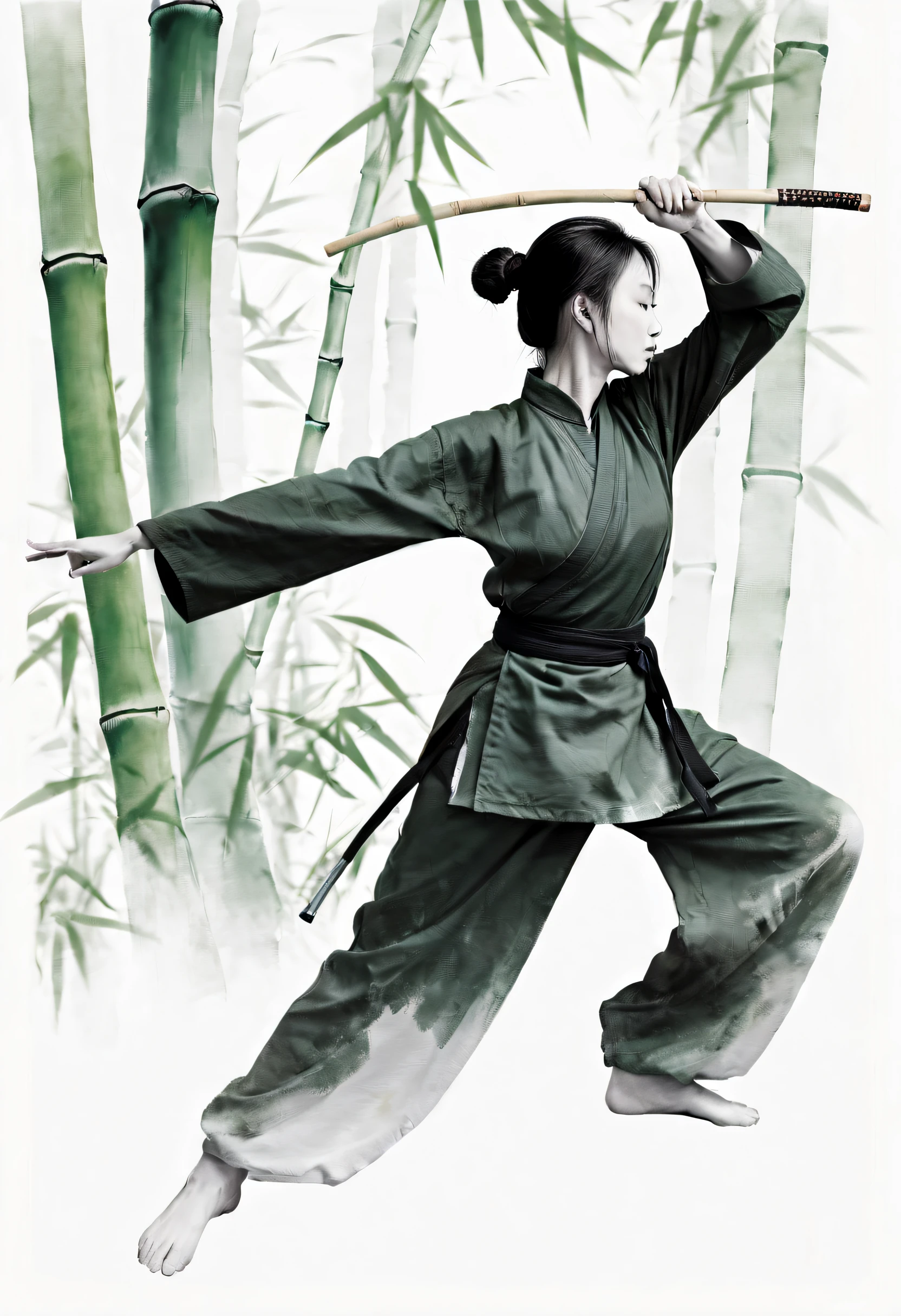 (tmasterpiece，best qualtiy：1.2），Tradition Chinese Ink Painting，1female，Chinese martial arts，Kungfu，独奏，Combat posture，Strong dynamics，bamboo forrest，The composition is minimalist,Lots of white space