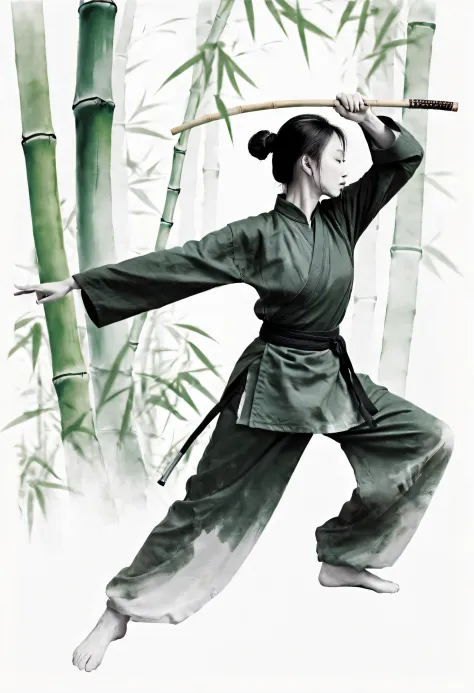 (tmasterpiece，best qualtiy：1.2），Tradition Chinese Ink Painting，1female，Chinese martial arts，Kungfu，独奏，Combat posture，Strong dyna...