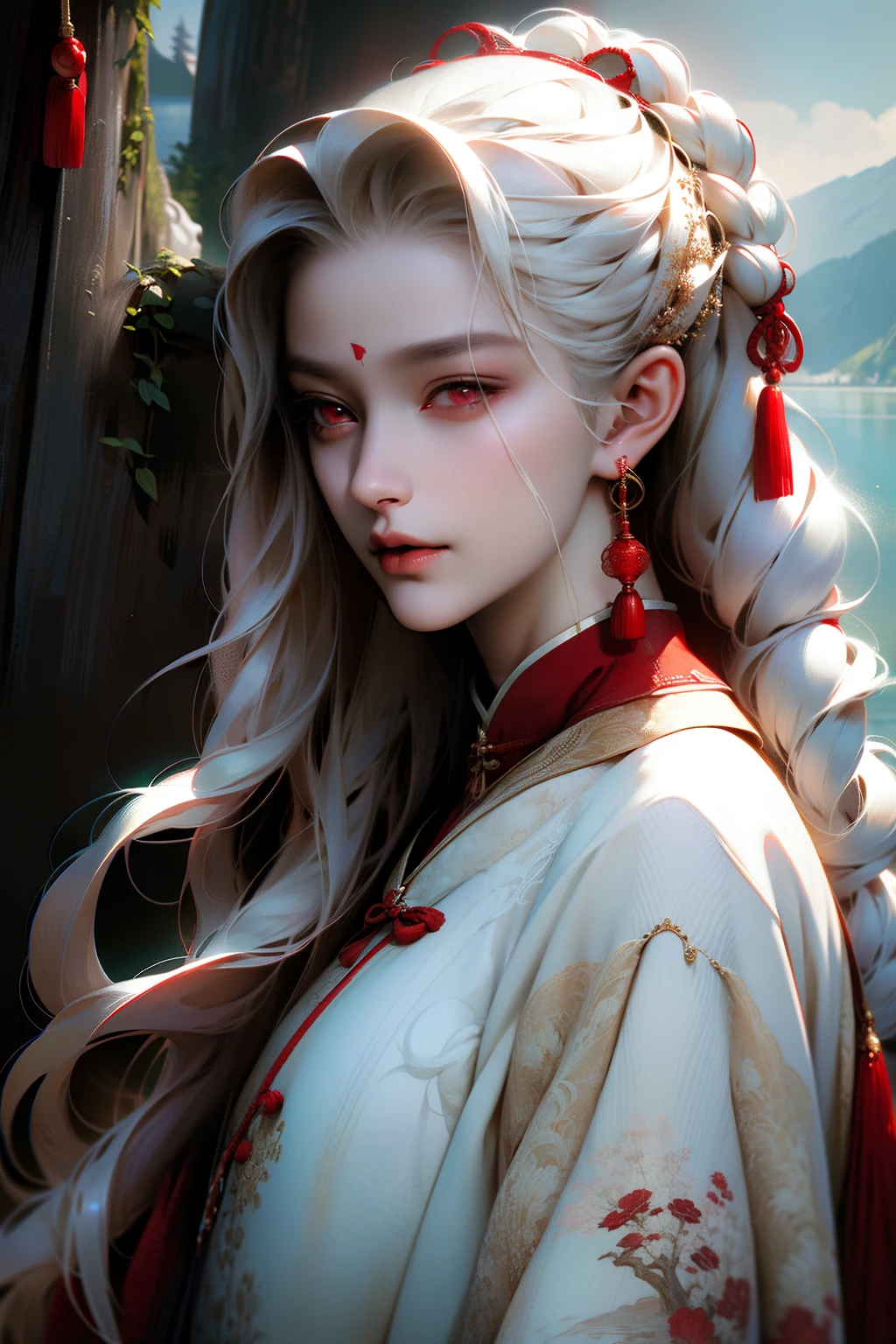 masterpiece,best quality,ultra-detailed,1girl,md,by the lake,chinese clothing,white hair,upper body,red eyes,
