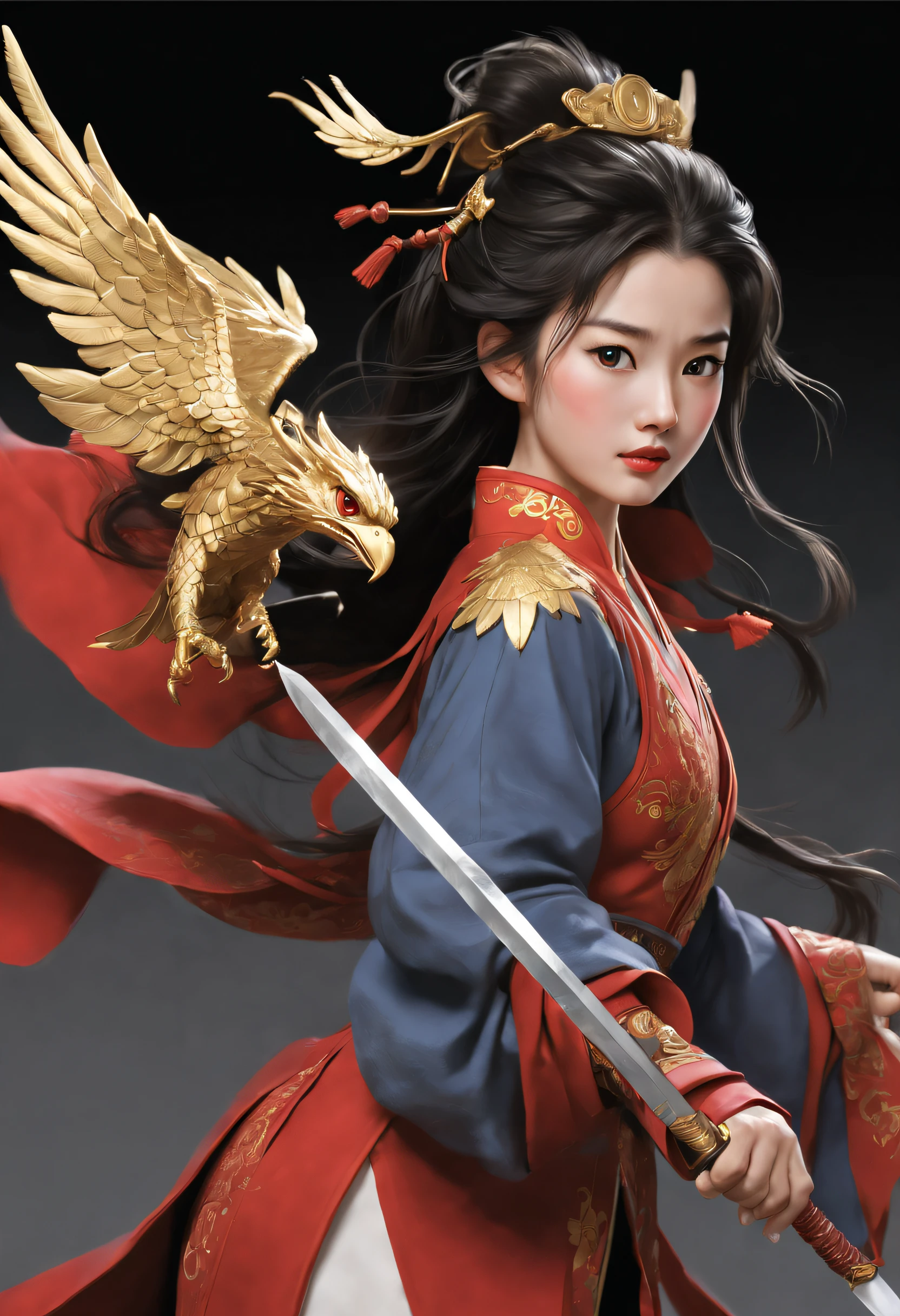 3Drenderingof（The picture of the chivalrous Mulan wielding a long sword），（full bodyesbian），（wielding sword pose：1.3），（A long sword：0.8），The sword body is slender，Flashing with cold light，（There is a beautiful dragon carving on the hilt of the sword），Very long hair, Black hair, Big black eyes, Long eyelashes, Sexy red lips, Resolute expression, Perfect hands, （The upper body wears dark blue armor made of fish scales and iron sheets）, （The armor was also inlaid with golden stars）, （The shoulders of the armor were designed with eagle wings）， （He wears a red coat underneath）, （The skirt part has an intricate floral embroidery pattern）, It contains beauty and iron-blooded charm，（Black trim，Gold-trimmed hood）, （The headdress is a delicate golden-winged eagle）, disney movie《Mulan》， Background: Scarlet night sky, A round of the moon, A battlefield full of rivers of blood, {{Masterpiece}}, {{{Best quality}}},{{Ultra-detailed}}, {{illustration}},{{Disheveled hair}},{{Masterpiece}},{{{Best quality}}},{{Ultra-detailed}}, {{{illustration}}},{{Disheveled hair}},Clear facial features,c4d渲染，Black gold tones，Wuxia，Kungfu，Chinese costume， Embroidered，
,Shepard Fairley,Ukiyo-e art,Pixar style,Ghibli style,Cartoon style,art by Yoji Shinkawa,Imaginative,Otherworldly,Dark fantasy,historic,pre - historic,rococopunk,Ice Age,anime,Manga,Cartoon,kawaii,marvel comic,Refined atmosphere,Intense，Traditional Chinese Culture and Mysticism, Cartoon, illustration, animation, kawaii, by Pixar, Disney,