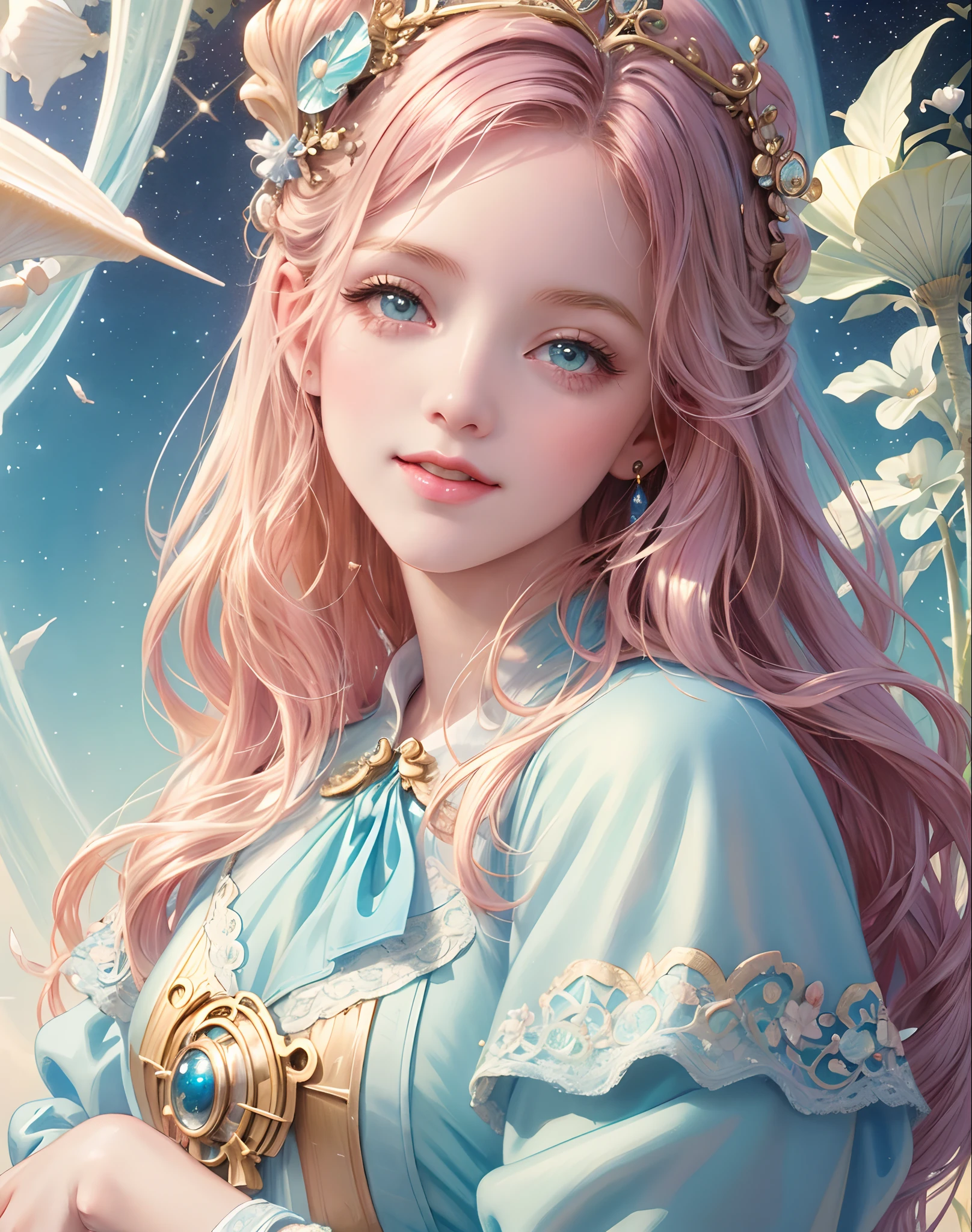 Princess girl with wing, Blue, Pastel, glitter, dramatic, dreamy, pastel, Watercolor, Whimsical, Delicate, seashell crown, Trending on Artstation, Highly detailed, Intricate, Portrait, digital painting, Fantasy theme, Fantasy robes, Fantasy concept art, Fantasy character art, Smug, Teenage girl, perfect body, full body, dreamy, pastel, Watercolor, Whimsical, Delicate, seashell crown, art by loish and lois van baarle, Trending on Artstation, Highly detailed, Intricate, Portrait, digital painting, (Cinematic Photo:1.3) of (Realistic:1.3),(Amusing:1.3) chibi, constellation, (1girl, solo:1.2), (chibi:1.3), eyeliner, eyelashes, looking at viewer, (shiny skin:0.16), (pale skin:0.33), (body blush:0.38), eyes beautiful, anime, realistic, masterpiece, best quality, movie still, cloud girl, floating in the sky, (close-up:1.1), bright, happy, fun, soft lighting,Highly Detailed,(Art Nouveau:1.3),(Baroque Art:1.3),(80s Art:1.3),naturalism,land Art,regionalism,shutterstock contest winner,trending on unsplash,featured on Flickr