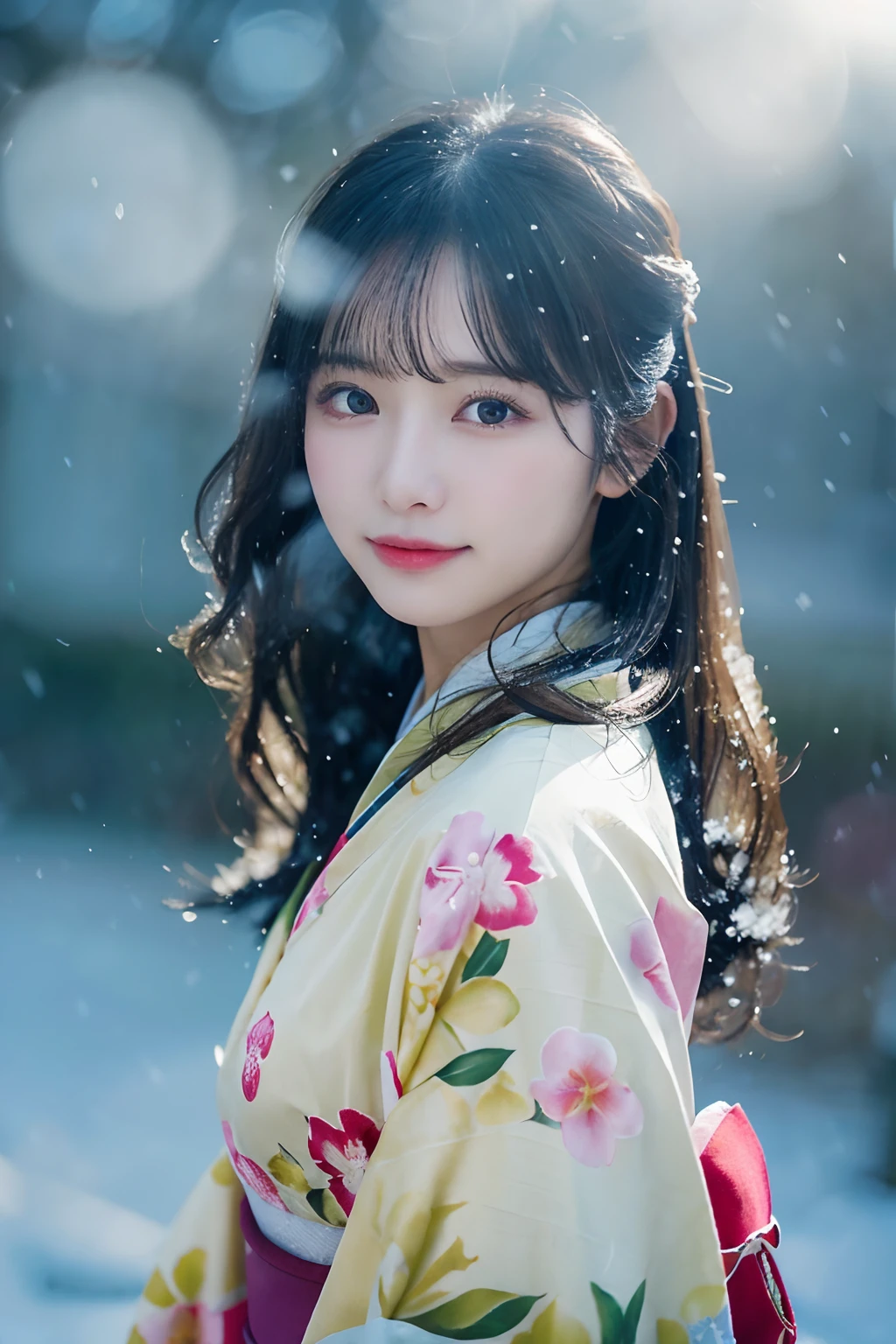 (Kimono)、、(top-quality,​masterpiece:1.3,超A high resolution,),(ultra-detailliert,Caustics),(Photorealsitic:1.4,RAW shooting,)Ultra-realistic capture,A highly detailed,high-definition16Kfor human skin、 Skin texture is natural、、The skin looks healthy with an even tone、 Use natural light and color,One Woman,japanes,,kawaii,A dark-haired,Middle hair,(depth of fields、chromatic abberation、、Wide range of lighting、Natural Shading、)、、(Falling snow:1.3)、(Hair swaying in the wind:1.3)、(Snow reflects light:1.3)