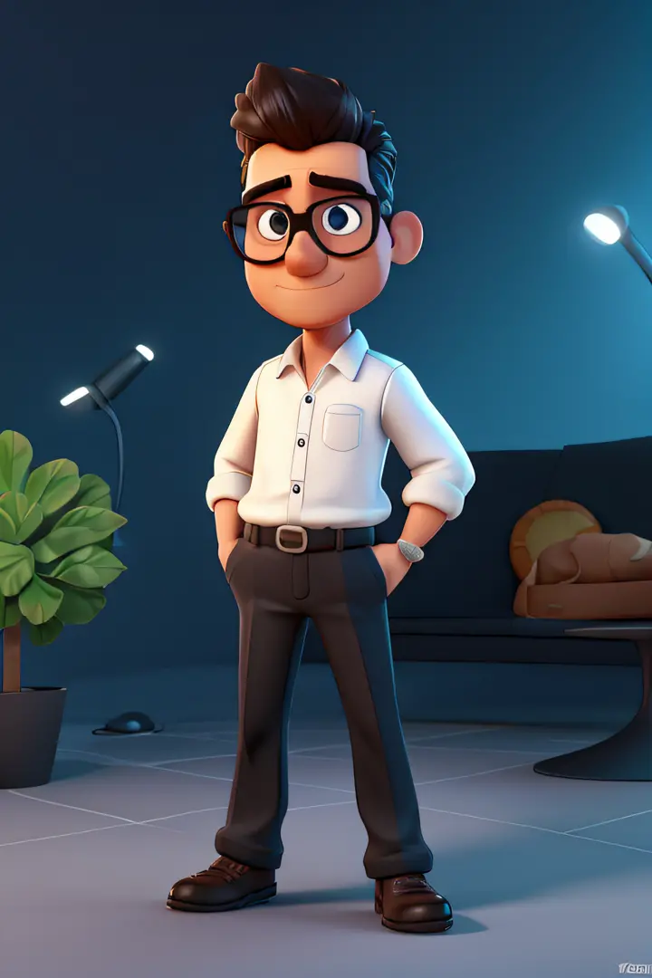 Cartoon character of a man with black glasses and a white shirt, em um campo de obra, Bulldozers in the background Animation character, Caractere estilizado, animation style rendering, 3D estilizado, Arnold Maya render, 3 d render stylized, toon render key...