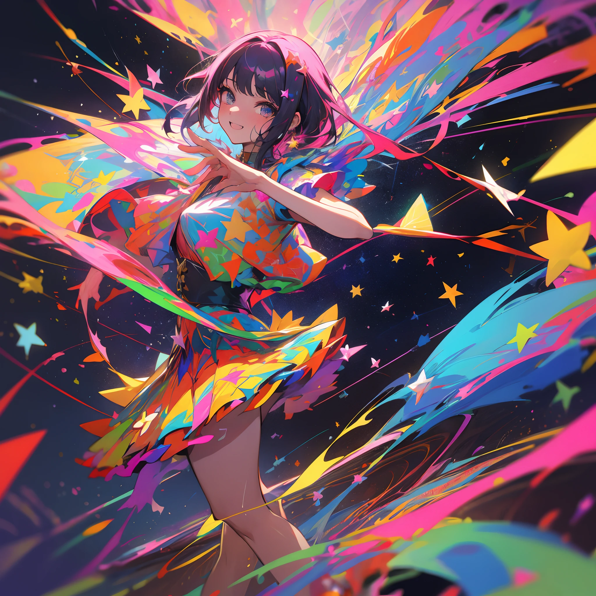 abstract art, psychedelia theme, one idol girl, she dances in sync with the world, colorful figure, dignified expression of her face, flowers blooming crazy, bloody joy of the stars, flowers and stars are equivalent.