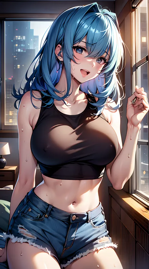 top-quality、supreme１People Girls,hightquality,, ((masuter piece)), ((High resolution)), ((Best Quality)), NSFW、detail, (Excited face.Very happy,), ((Skin shiny with sweat)), (Tank Tops:1.1、hotpants)、 girl with, Blue-haired, (Straight、Bangs Patsun)、Spans th...