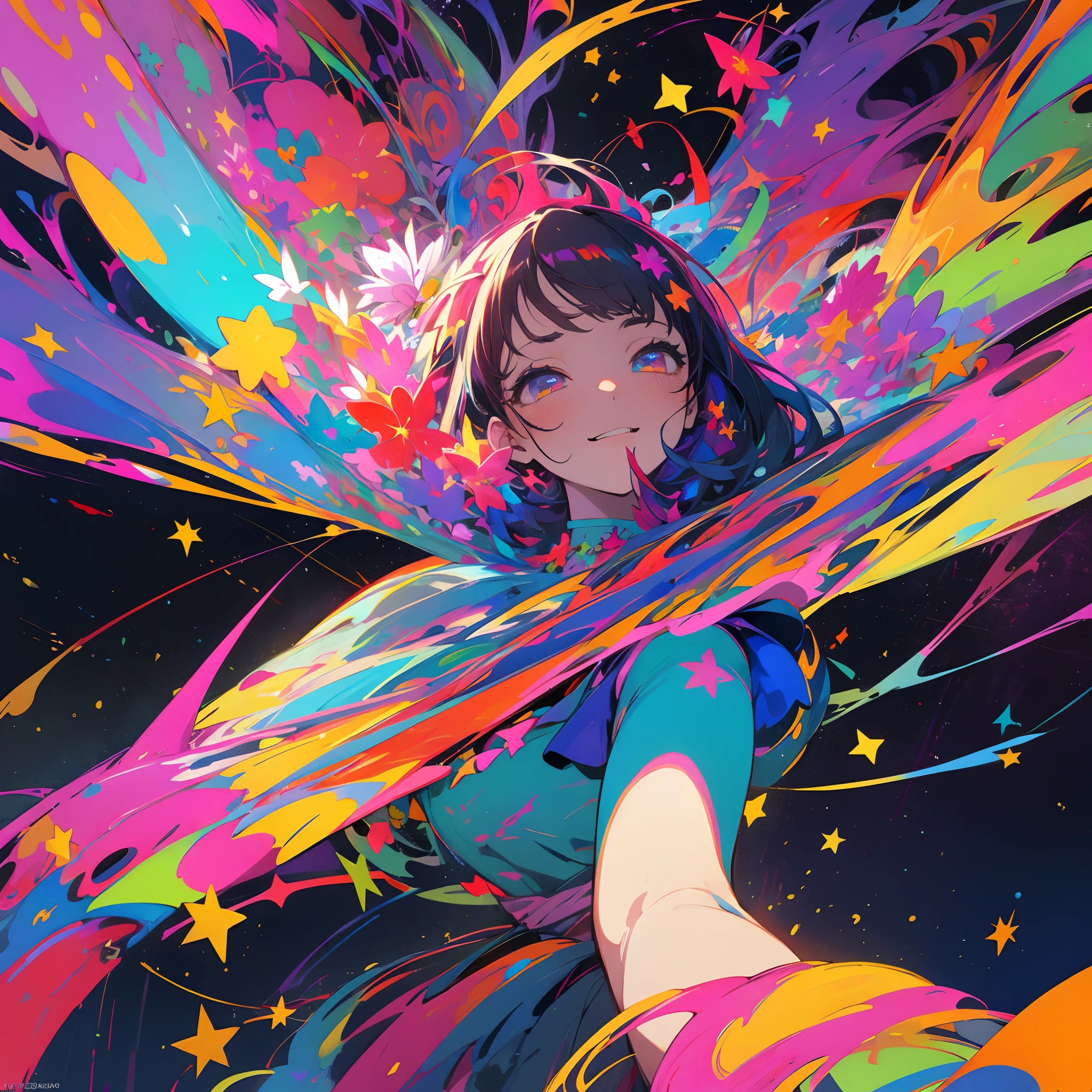 abstract art, psychedelia theme, one idol girl, she dances in sync with the world, colorful figure, dignified expression of her face, flowers blooming crazy, bloody joy of the stars, flowers and stars are equivalent.