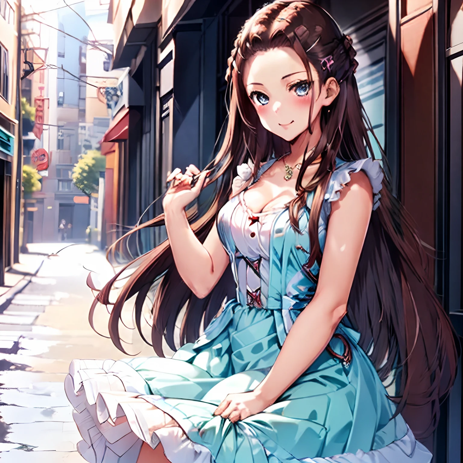 (masutepiece), (Best Quality), (ultra-detailliert), 1girl in,  blush,medium breasts, dressed casually, Looking at Viewer, large hair, Brown hair