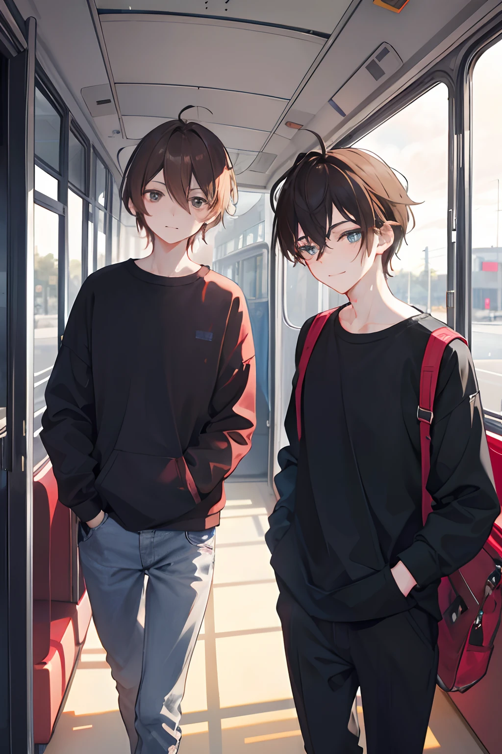 Anime boy and girl standing on a bus with their backs to the camera -  SeaArt AI