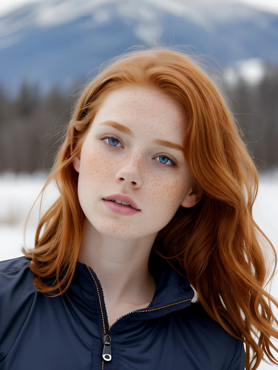 (1girl in, age19, Solo, Aesthetic artwork, irish redhead, wavy ginger hair, shoulder length ginger hair, light grey eyes, some small freckles, pale skin, A-cup, small breasts, runners body, (textured skin, skin pores:1.1), (moles:0.8), imperfect skin, goosebumps, wearing dark gray jacket, wearing navy blue leggings, in a clearing looking at Rocky mountains, early winter, no snow, mountains, blury background, (back to camera, looking away: 1.25), (extremely detailed 8k wallpaper), (hard lighting), high quality, film grain, Fujifilm XT3 sharp focus, f 5.6, 50mm, High Detail, Sharp focus, (natural light), crazy details, complex details, hyperdetailed