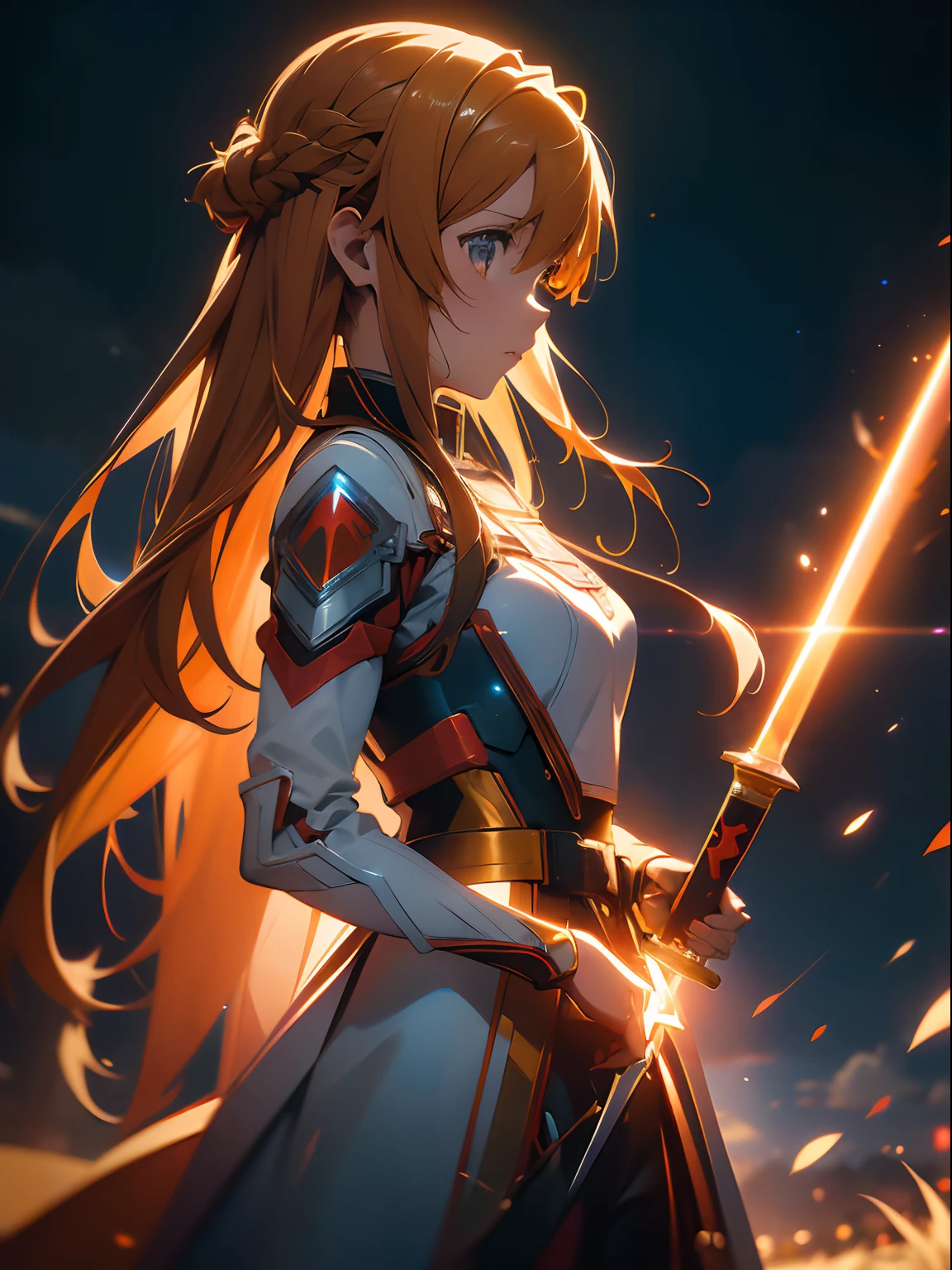 asunayuuki, cheveux de couleur orange， Tenant deux épées brillantes， Uniforme de combat blanc, Art de l&#39;épée en ligne Adaptation, Des traits rouges qui simulent la vitesse du personnage, mode de combat, (Ultra réaliste), {fond d&#39;écran d&#39;unité CG 8k extrêmement détaillé}, De vastes photos de paysages, (Une vue centrale qui donne la priorité à l&#39;ensemble du personnage, (vue sur un grand champ ouvert), (prise de vue en contre-plongée), (souligner: 1.5), (faible éclairement: 1.0), (Source de lumière chaude: 1.0), détail complexe, (couleurs irisées: 1.5), (éclairage lumineux), (éclairage d&#39;ambiance), Art de l&#39;épée en ligne, rêveur, animé