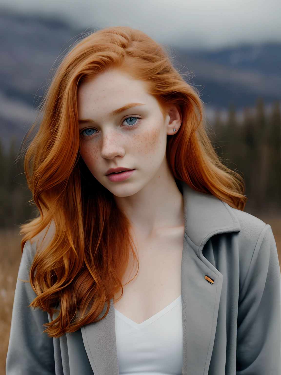 (1girl in, age19, Solo, Aesthetic artwork, irish redhead, wavy ginger hair, shoulder length ginger hair, light grey eyes, some small freckles, pale skin, A-cup, small breasts, runners body, (textured skin, skin pores:1.1), (moles:0.8), imperfect skin, goosebumps, wearing dark gray jacket, wearing navy blue leggings, in a clearing looking at Rocky mountains, early winter, no snow, mountains, blury background, (back to camera, looking away: 1.25), (extremely detailed 8k wallpaper), (hard lighting), high quality, film grain, Fujifilm XT3 sharp focus, f 5.6, 50mm, High Detail, Sharp focus, (natural light), crazy details, complex details, hyperdetailed