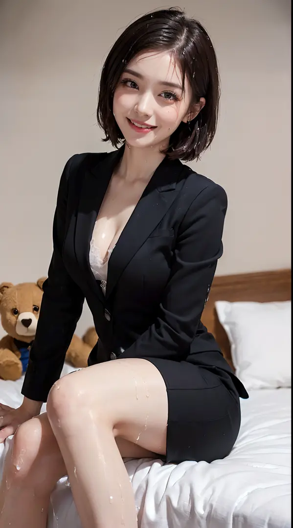 there is a busty woman in a black jacket and short skirt posing for a  picture, huge fake , sexy body, slim waist, big butt - SeaArt AI