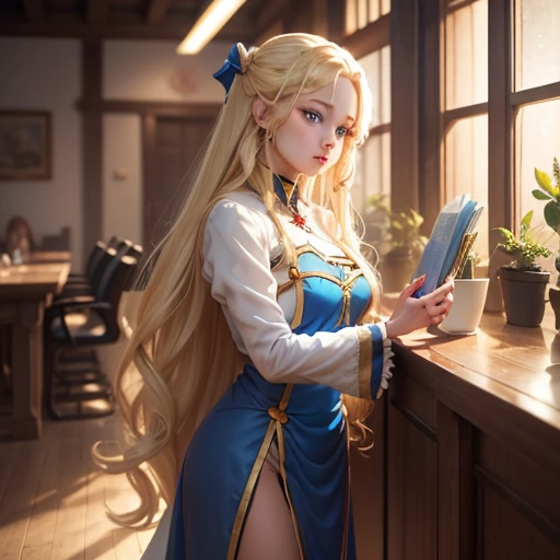 A  girl, with blue eyes, blonde woman, long wavy hair, Beautiful Character Face. pointed ears.   in office. full-length photo. side-view. higly detailed. Top Quality. long sleeves. priestess.