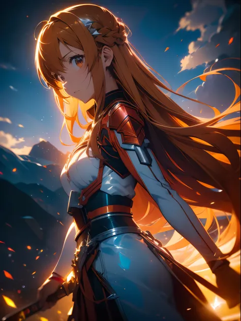 asunayuuki, orange color hair， With two glowing swords, White combat uniform, Sword Art Online Adaptation, Red strokes that simu...