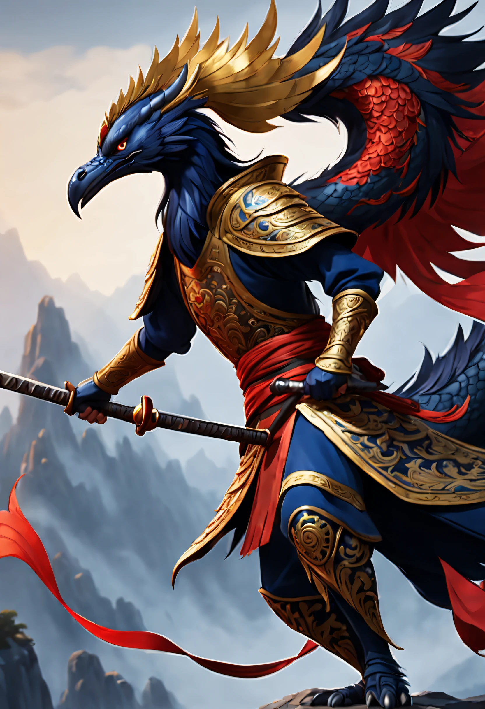 （The chivalrous Mulan wears a phoenix helmet，Wearing dark blue armor，Wielding a long sword），（full bodyesbian），（shelmet），（wielding sword pose：1.3），（A long sword：0.8），The sword body is slender，Flashing with cold light，（The hilt of the sword is engraved with a beautiful dragon carving），Very long hair, Black hair, Big black eyes, Long eyelashes, Sexy red lips, Resolute expression, （perfect hand）, （The upper body wears dark blue armor made of fish scales and iron sheets）, （The armor was also inlaid with golden stars）, （Red skirt：1.2）, （The skirt part is floral embroidery:1.2）, （Cloak trimmed with black and gold trim）, disney movie《Mulan》， swordsmen，Kungfu，Chinese costume，embroidery
Background: （Scarlet night sky,） （A round of the moon,）（Red Phoenix：1.1）（A battlefield full of rivers of blood,） （dead tree），（cawing ravens），（dead body），
 {{Masterpiece}}, {{{Best quality}}}, {{Ultra-detailed}}, {{illustration}}, {{Disheveled hair}}, {{Masterpiece}}, {{{Best quality}}}, {{Ultra-detailed}}, {{{illustration}}}, {{Disheveled hair}},Clear facial features,c4d渲染，Military，Low angle view，3Drenderingof，red and black tones，Pixar style，，Cartoon style，Imaginative，Otherworldly，Dark fantasy，historic，Ice Age，anime，Refined atmosphere，Intense，Traditional Chinese Culture and Mysticism， Cartoon， illustration， animation， by Pixar， Disney，