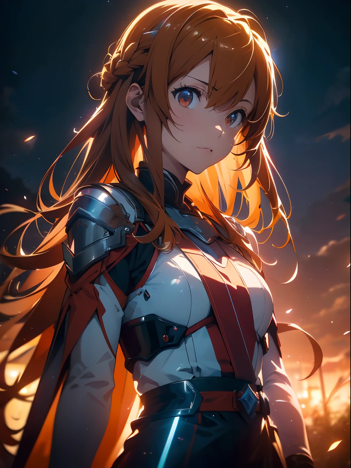 asunayuuki, orange color hair， With two glowing swords, White combat uniform, Sword Art Online Adaptation, Red strokes that simulate the speed of the character, Battle Mode, (Ultra-realistic), {extremely detailed 8k CG unit wallpaper}, Vast landscape photos, (A central view that prioritizes the entire character, (Wide Open Field View), (low  angle shot), (Highlight: 1.5), (low illuminance: 1.0), (Warm light source: 1.0), intricate-detail, (Iridescent colors: 1.5), (Bright lighting), (Atmospheric lighting), Sword Art Online, Dreamy, Anime