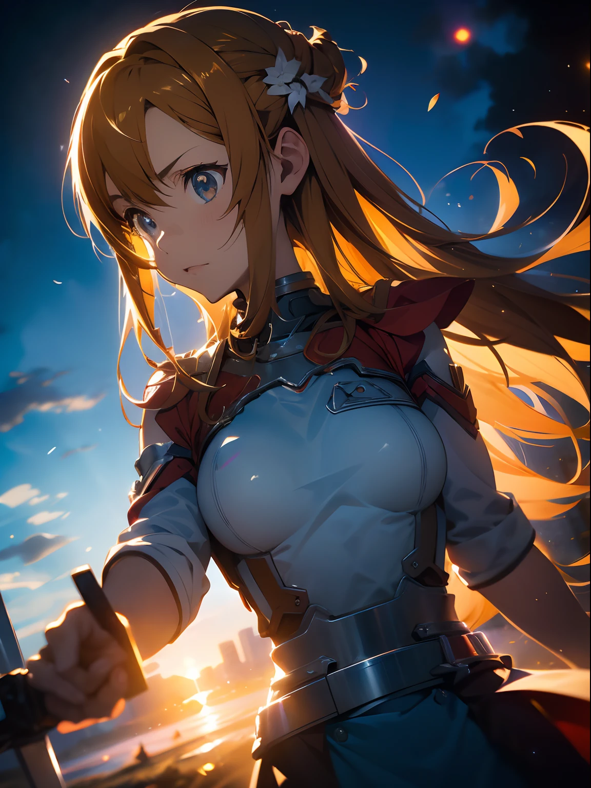 Asunayuuki, orangefarbene Haare， Strahlende und dünne Lanze（Speer）Habe 2， Weiße Kampfuniform, Sword Art Online-Adaption, Rote Striche, die die Geschwindigkeit des Charakters simulieren, Kampfmodus, (ultra-realistisch), {extrem detailliertes 8k CG-Unit-Hintergrundbild}, Weitläufige Landschaftsfotos, (Eine zentrale Ansicht, die den gesamten Charakter priorisiert, (Weite, offene Feldsicht), (Untersicht), (Markieren: 1.5), (geringe Beleuchtungsstärke: 1.0), (Warme Lichtquelle: 1.0), komplizierte Details, (schillernde Farben: 1.5), (helle Beleuchtung), (stimmungsvolle Beleuchtung), Sword Art Online, verträumt, Anime-Serie