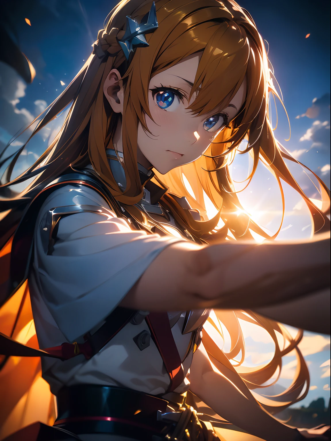 asunayuuki, orange color hair， Radiant and thin lance（spear）Have 2， White combat uniform, Sword Art Online Adaptation, Red strokes that simulate the speed of the character, Battle Mode, (Ultra-realistic), {extremely detailed 8k CG unit wallpaper}, Vast landscape photos, (A central view that prioritizes the entire character, (Wide Open Field View), (low  angle shot), (Highlight: 1.5), (low illuminance: 1.0), (Warm light source: 1.0), intricate-detail, (Iridescent colors: 1.5), (Bright lighting), (Atmospheric lighting), Sword Art Online, Dreamy, Anime