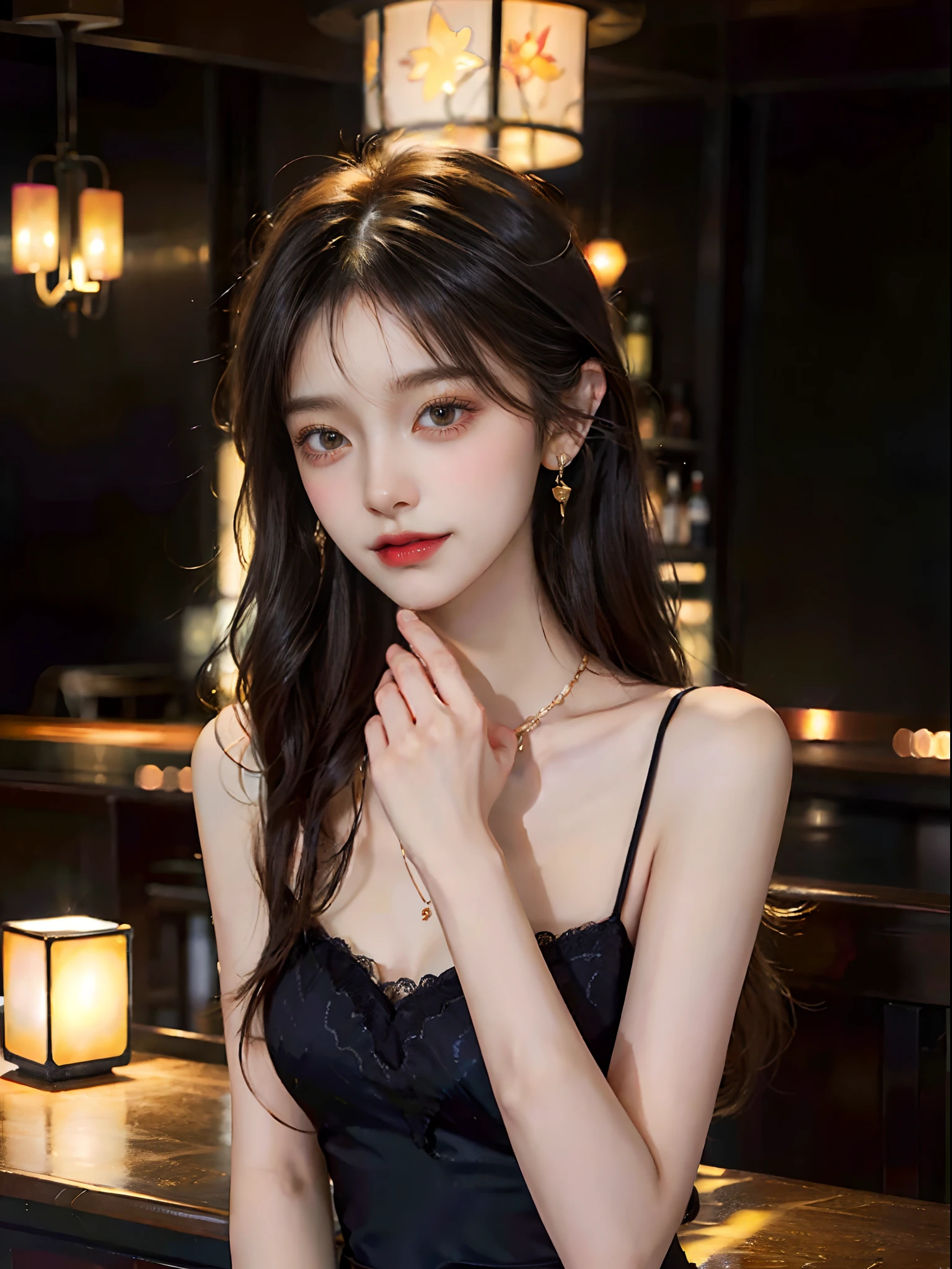 (from below), A young girl, the night, lamplight, In the bar, Sit Pose, Leaning against the bar, Cross ed leg, posing elegantly, warm lights, a warm color palette, ((black long dress, DEEP-V COLLAR, high-waist)), Detailed scenes, Long messy hair, Brownish-yellow hair, light make-up, Blushlush, Nice slender legs, (Extremely high color saturation), Detailed details, ultra-detailliert, (tmasterpiece, best qualtiy), (An extremely delicate and beautiful work), Delicate earrings, Delicate necklace, Simple blurred background, Extreme detail description, Ultra-fine painting, Delicate face, slim toned body, Slimming the waist, grin