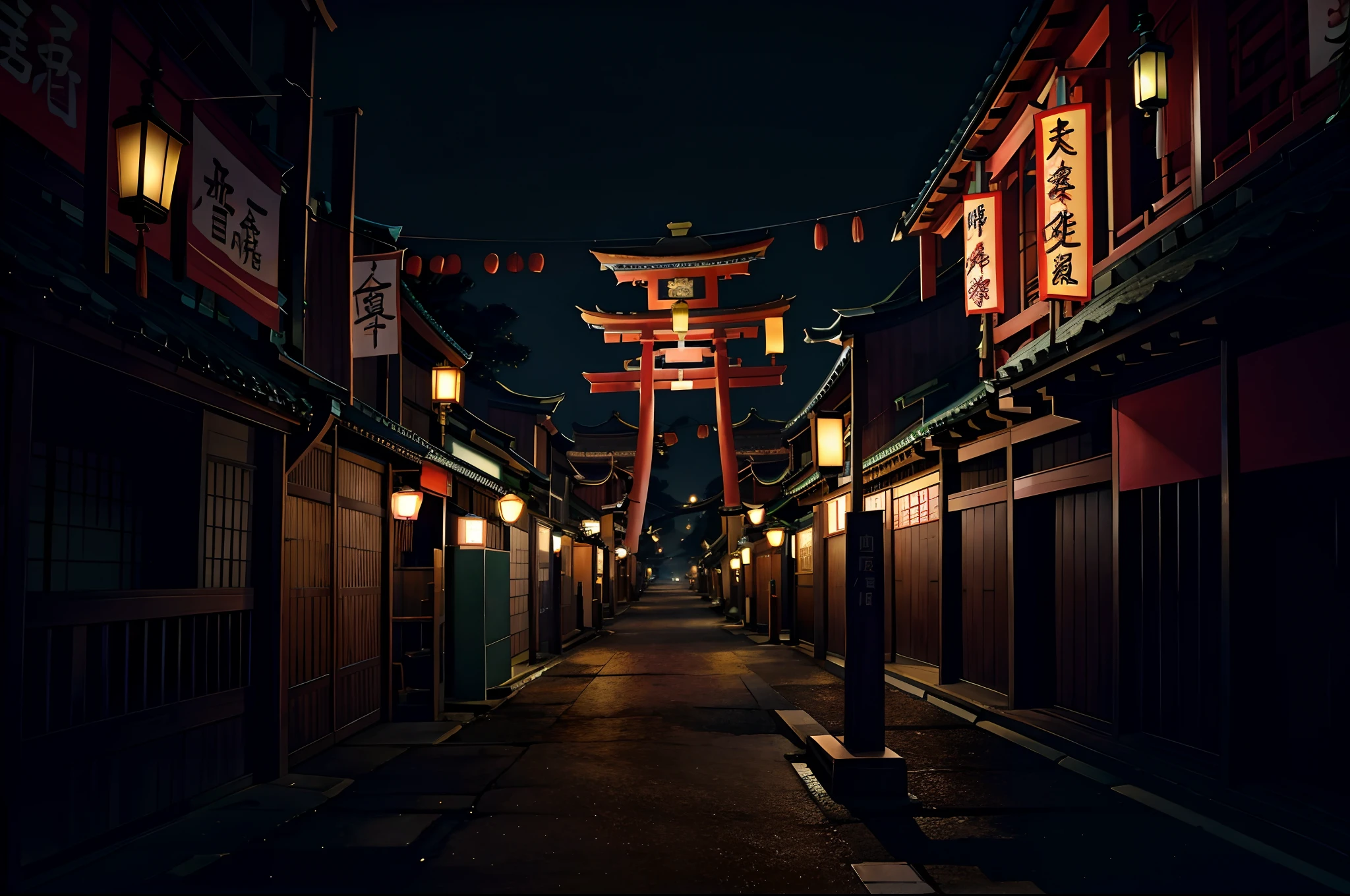 nighttime shot of a street with a clock and a pagoda in the background, in a chinese town at night, chinese at night, chinese inspired, chinese city at night, by Torii Kiyomasu, quiet chinese alley at night, kyoto chinese setting, taken with sigma 2 0 mm f 1. 4, by Torii Kiyomasu II, china. volumetric lighting